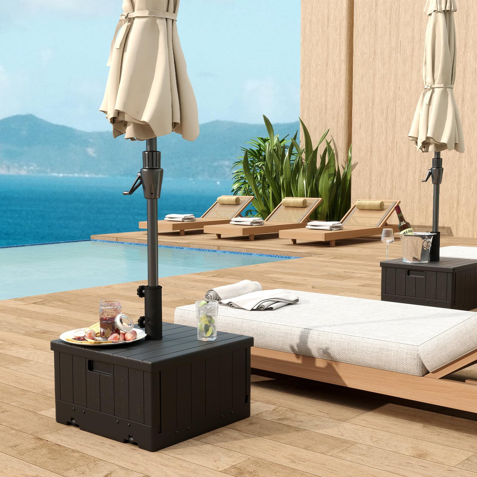 C-Hopetree Base de sombrilla de plástico 3 en 1 con ruedas rodantes, soporte de sombrilla rellenable de arena resistente de 175 libras con maceta, y se utiliza como mesa auxiliar de café al aire