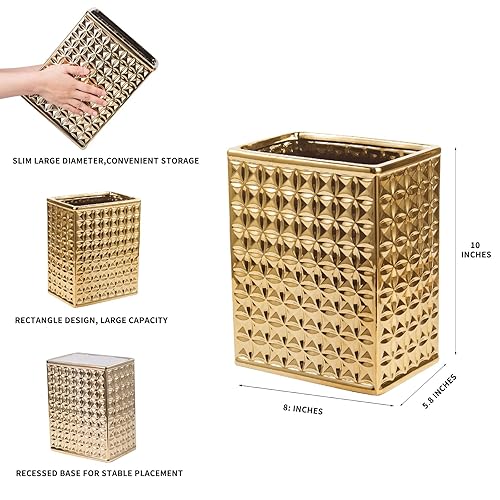 Miniatura 3 de Basurero para baño, pequeño bote de basura de oficina para cocina, cubo de basura rectangular delgado, cerámica, dorado