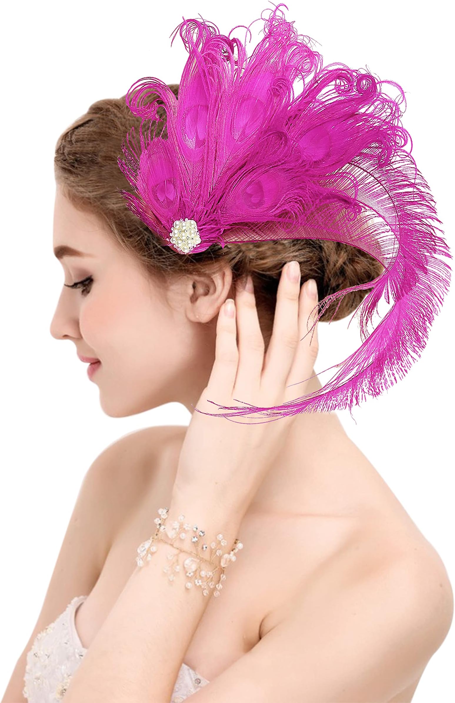 Z&X Peacock Feather Fascinator Hair Clip Headband 1920s Costume Flapper Headpiece (015a- Rose Red)