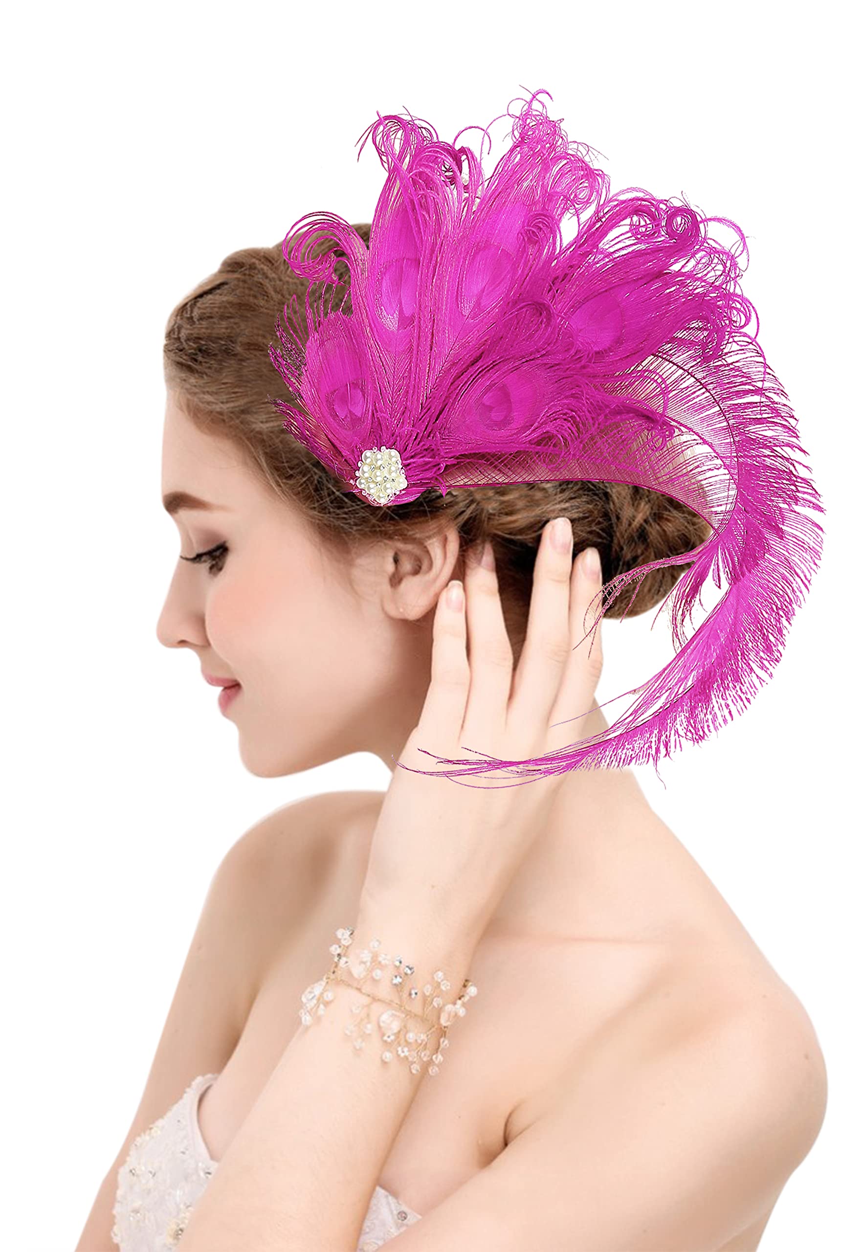 Z&X Peacock Feather Fascinator Hair Clip Headband 1920s Costume Flapper Headpiece (015a- Rose Red)