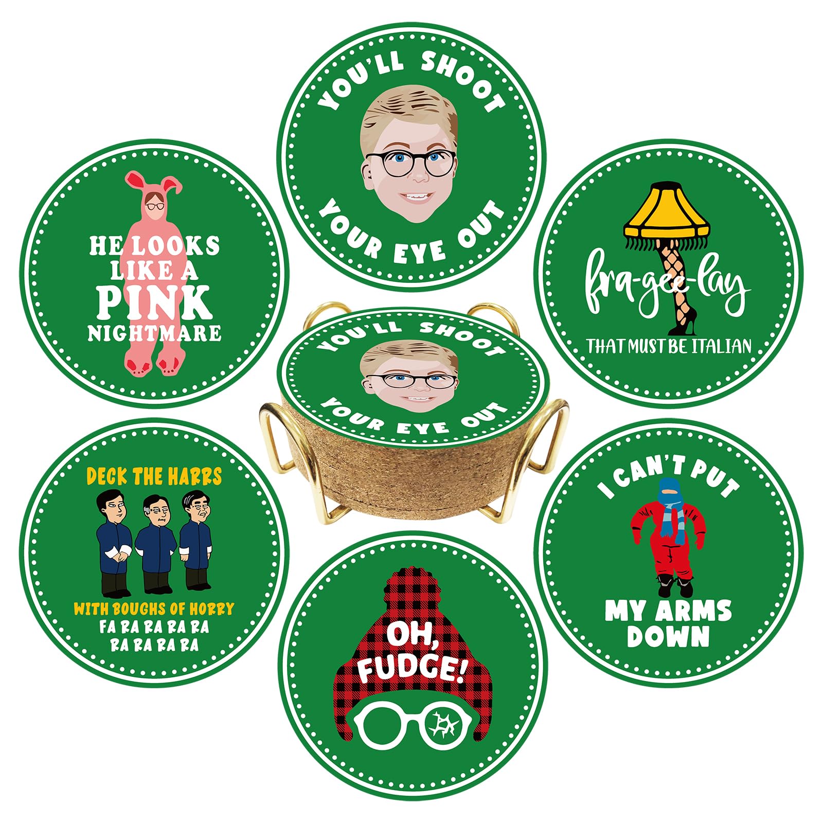 A Christmas Story Merchandise Gift, 6 Pcs Funny Christmas Story Coasters with Metal Holder, Christmas Story Movie Collection Drink Coasters, Cute Xmas Home Tabletop Decorations