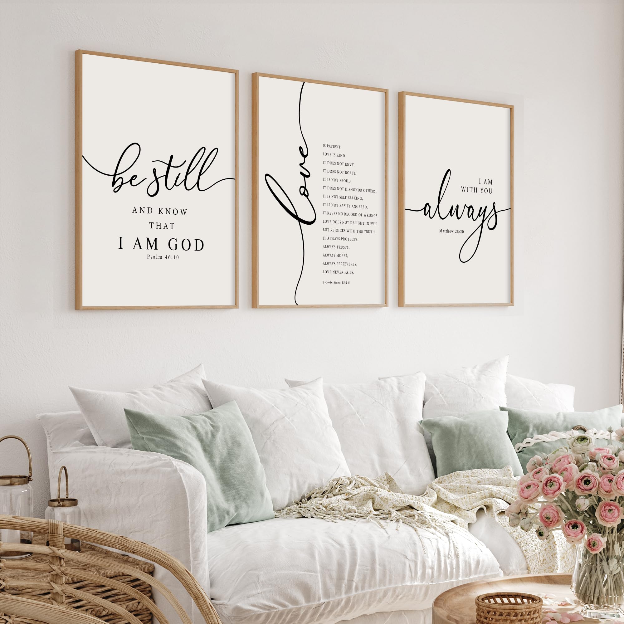 Heiple Framed Be Still and Know that I am God Sign Love is Patient Love is Kind Wall Art Set of 3 with Wooden Frame for Home Bedroom Decor Bible Verse Scripture Art Christian Religious Wall Decor (Brown, 11”x14”)