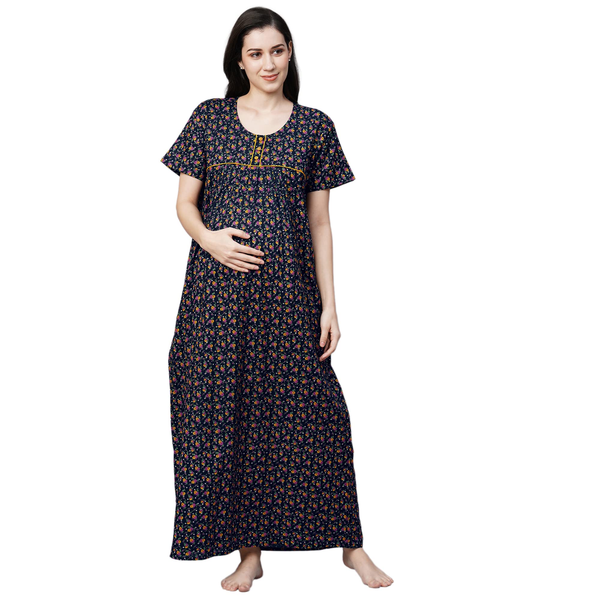 MomToBe Women's Cotton Floral Printed Maternity Nighty/Feeding Nighty/Pregnancy Night Gown/A-Line Nursing Nighty with Zippers for Nursing Pre and Post Pregnancy