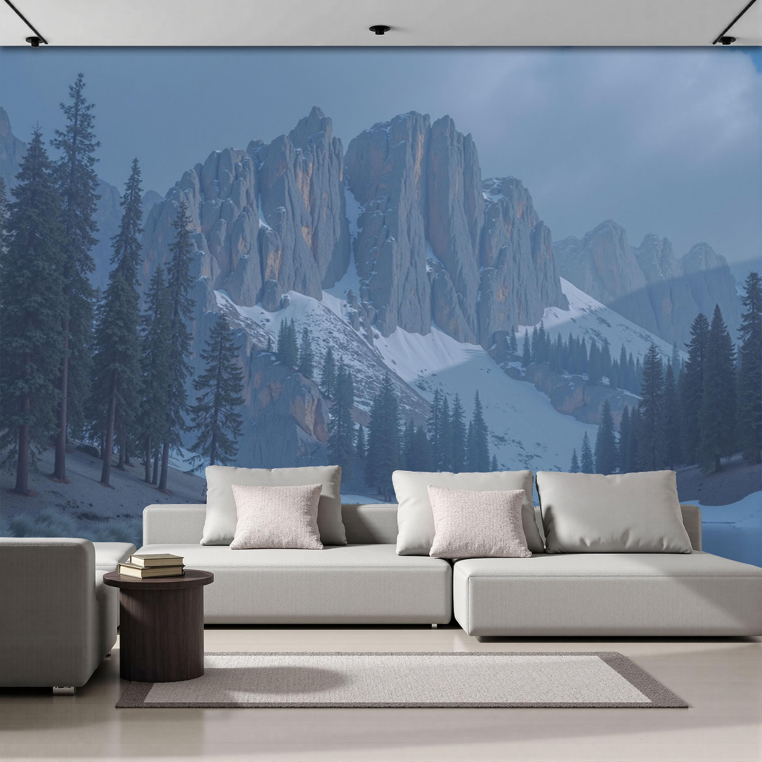 Papier Peint Panoramique Lacs De Montagne, invitation au voyage et douceur hivernale en bleu-gris