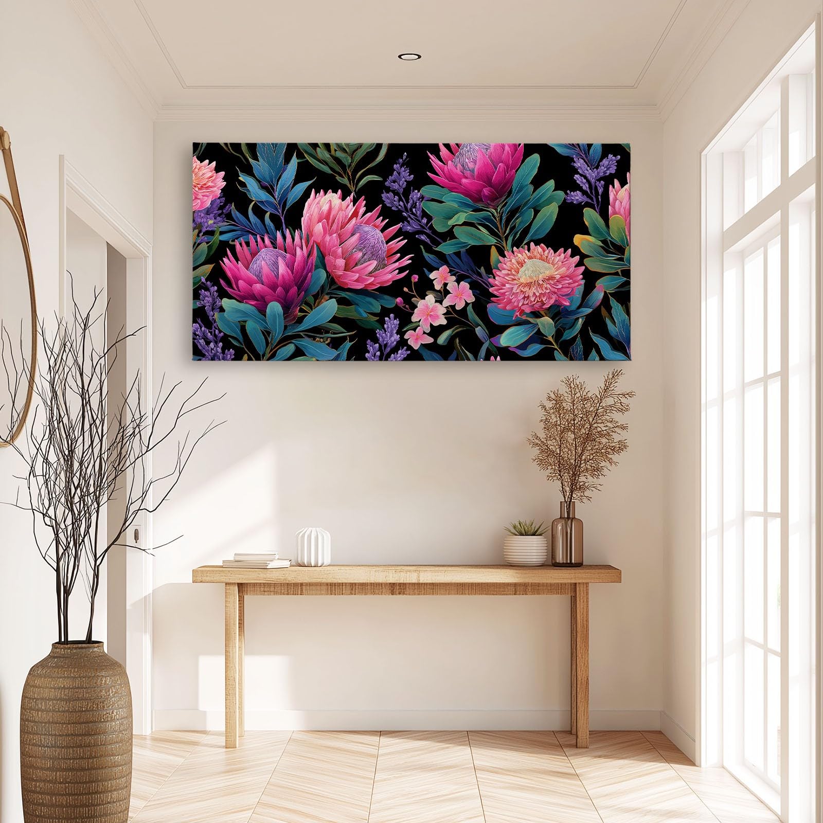 Schwarz Tropisch Botanisch Floral Blätter Modernes Leinwandbild 140L x 70B cm mit Rahmen, Viktorianisch XXL Wanddeko für Wohnzimmer Geschenk Idee Einzug - Hochwertiger Kunstdruck auf Holzrahmen