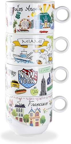 Miniatura 4 de Gracie China by Coastline Imports Juego de tazas de café apilables de porcelana de 4 piezas (Nueva York, San Francisco, Los Ángeles, Miami),