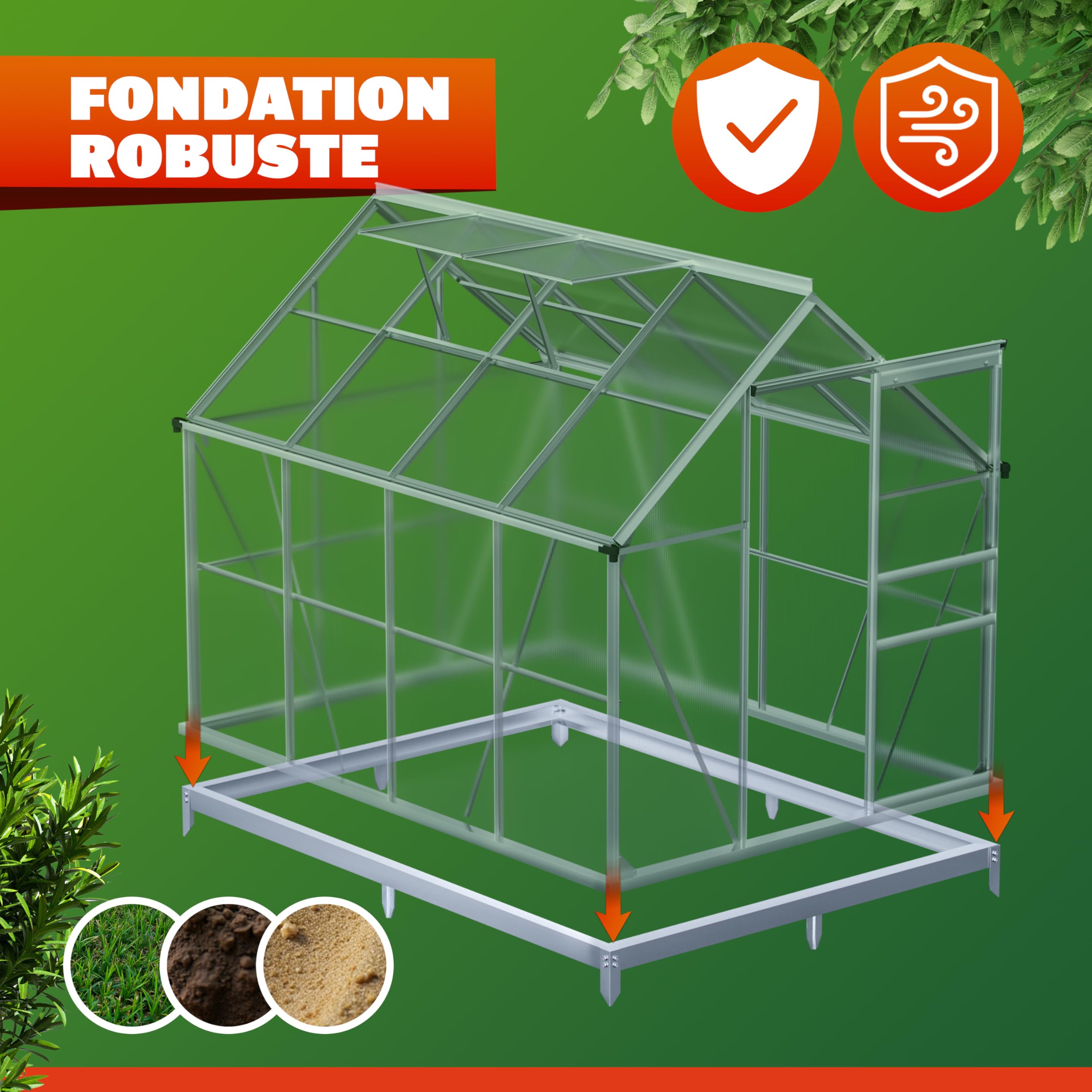 Gardebruk® Fondation Serre de Jardin 250x190cm Acier Inoxydable Cadre Acier matériel Montage Fixation Sol embase Serre Aluminium Polycarbonate