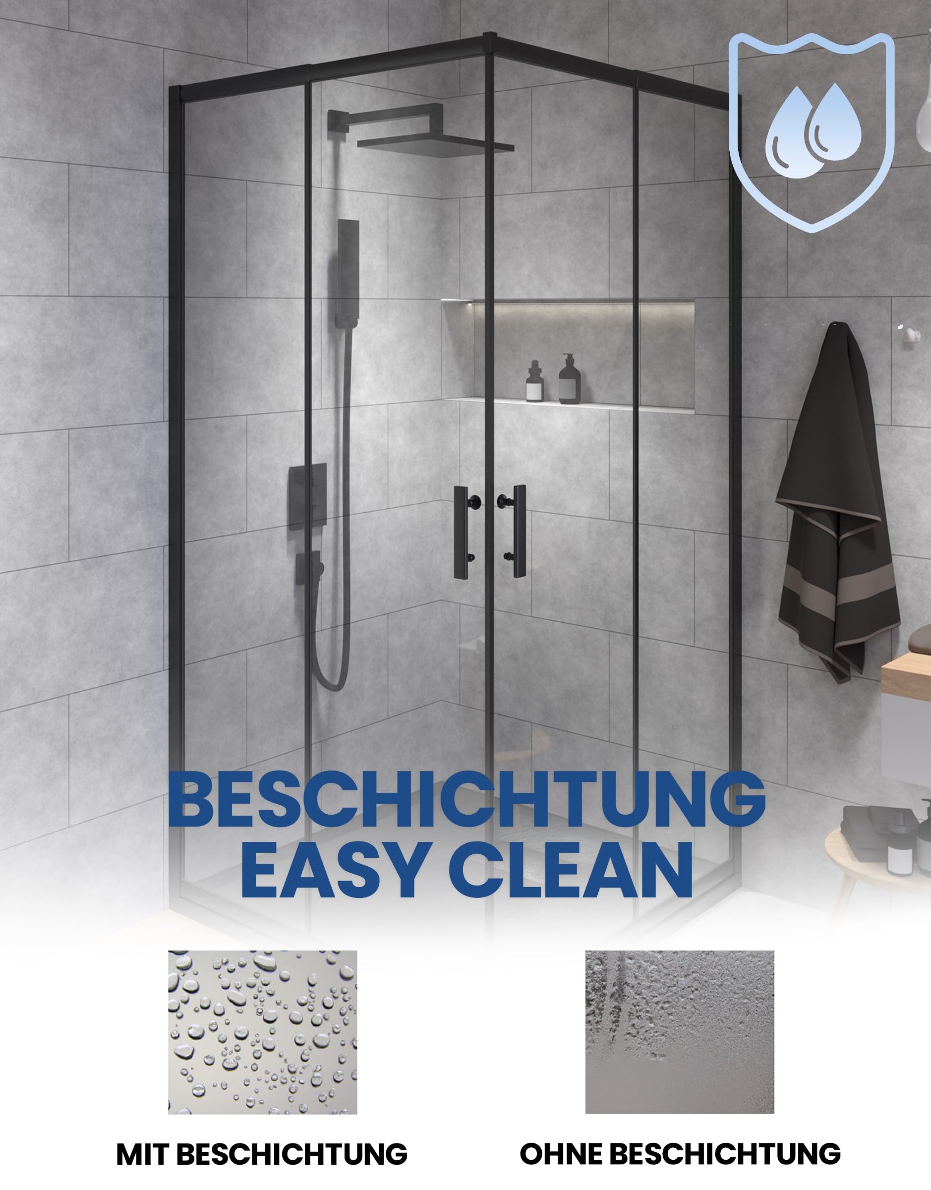 BADLAND Komplettes Set - Duschkabine HELA Schwarz/Chrom + Duschwanne VIDAR 80-90x80-90 193cm - Quadratisch Duschabtrennung Transparent Nano Glas 6 mm, Duschtasse Schwarz/Weiß Steinoptik SMC mit Ablauf