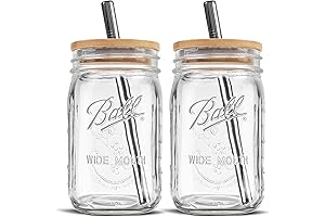 Reusable Glass Cups with Lids and Straws: 32oz Ball Wide Mouth Drinking Jars