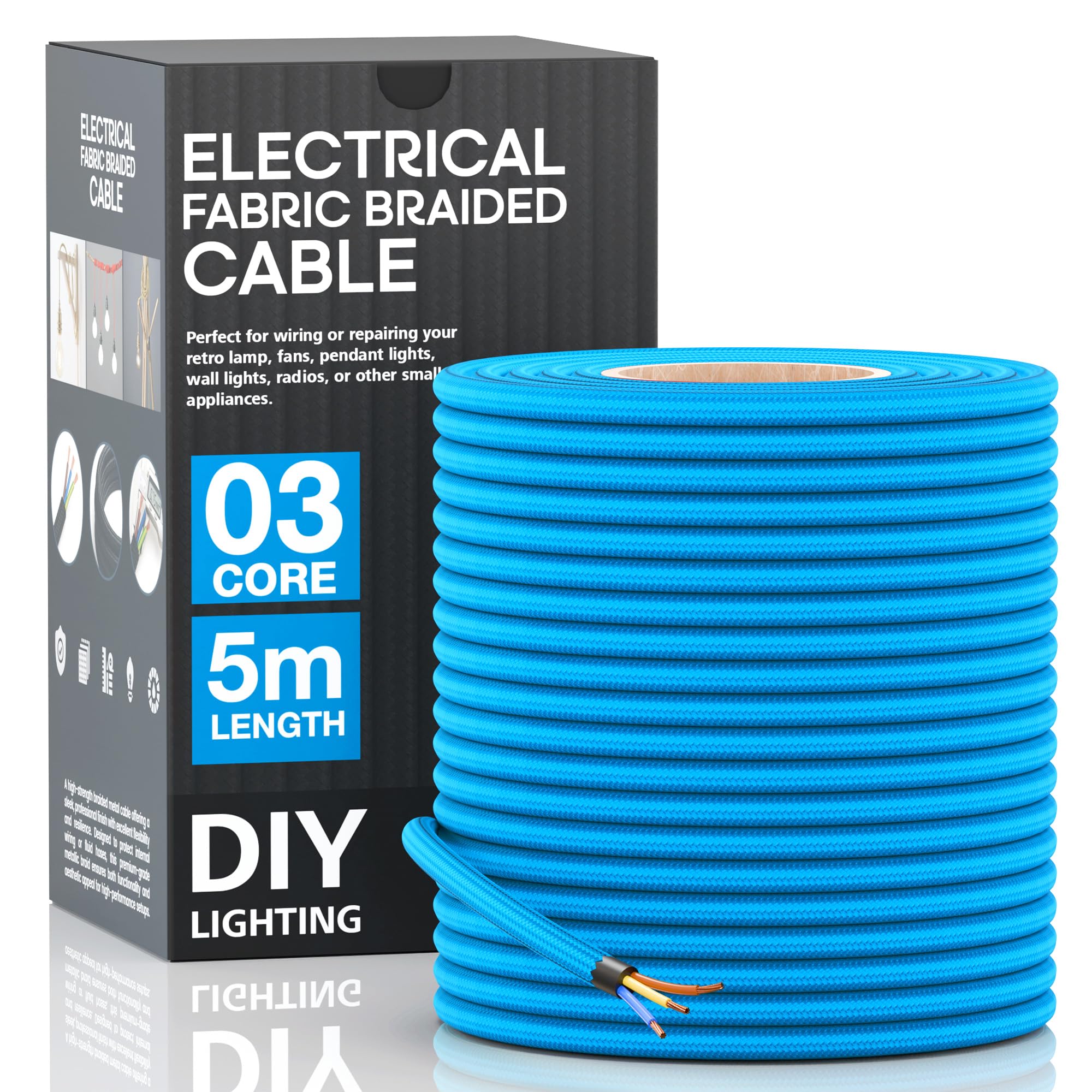 LEDSone 3 Core Round 5 Meter Black Fabric Braided Flex Lighting Cable, Vintage Electrical Cable Wire Flexible Fabric DIY Electrical Wire for Lamps, Flex Cables for Appliances (Blue) — image 1