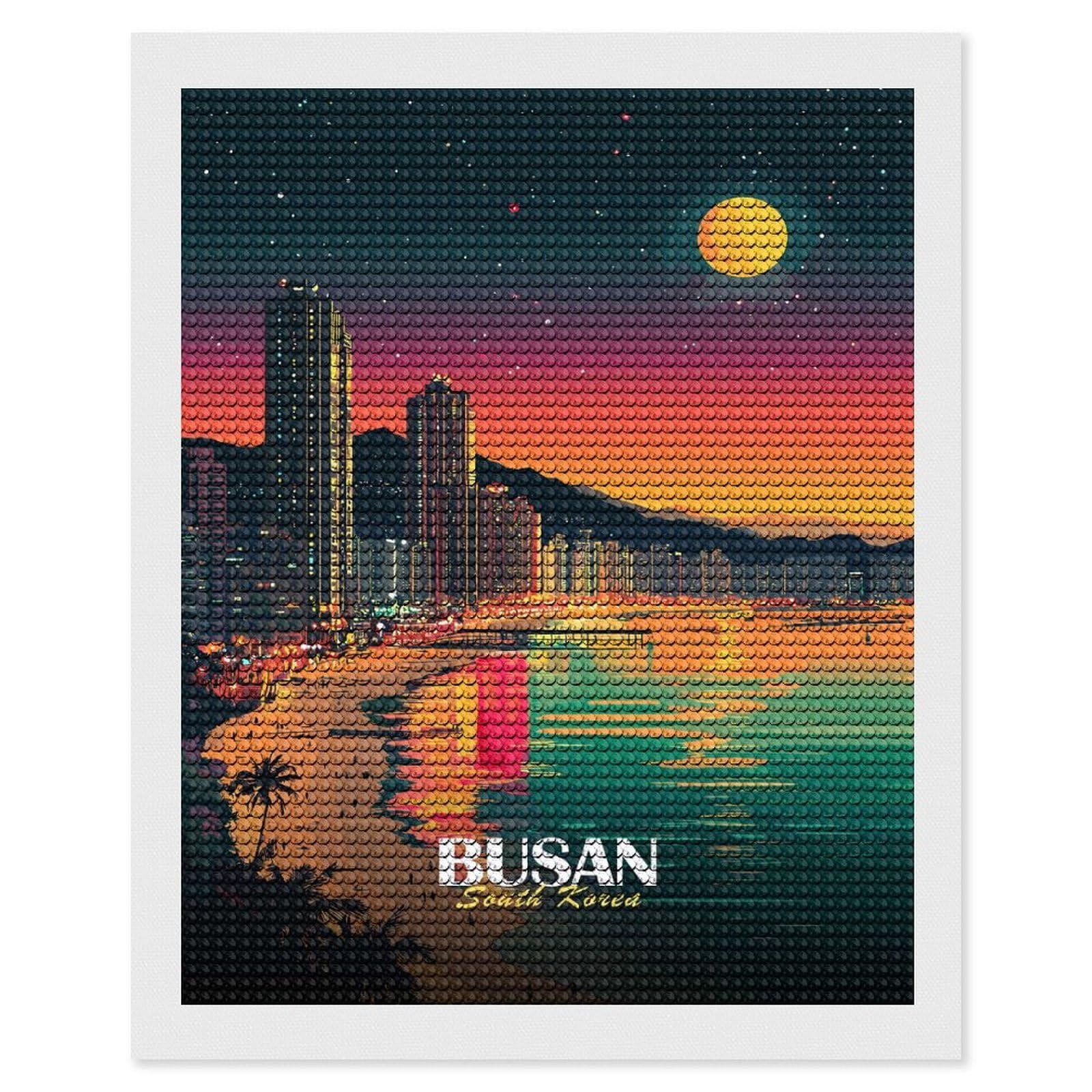 Junmoney Busan South Korea Night Cityscape Diamond Art Kit 16"x20", Modern Decor, for Adults, Printed Canvas, Holiday Gift Idea, Fun Craft Experience
