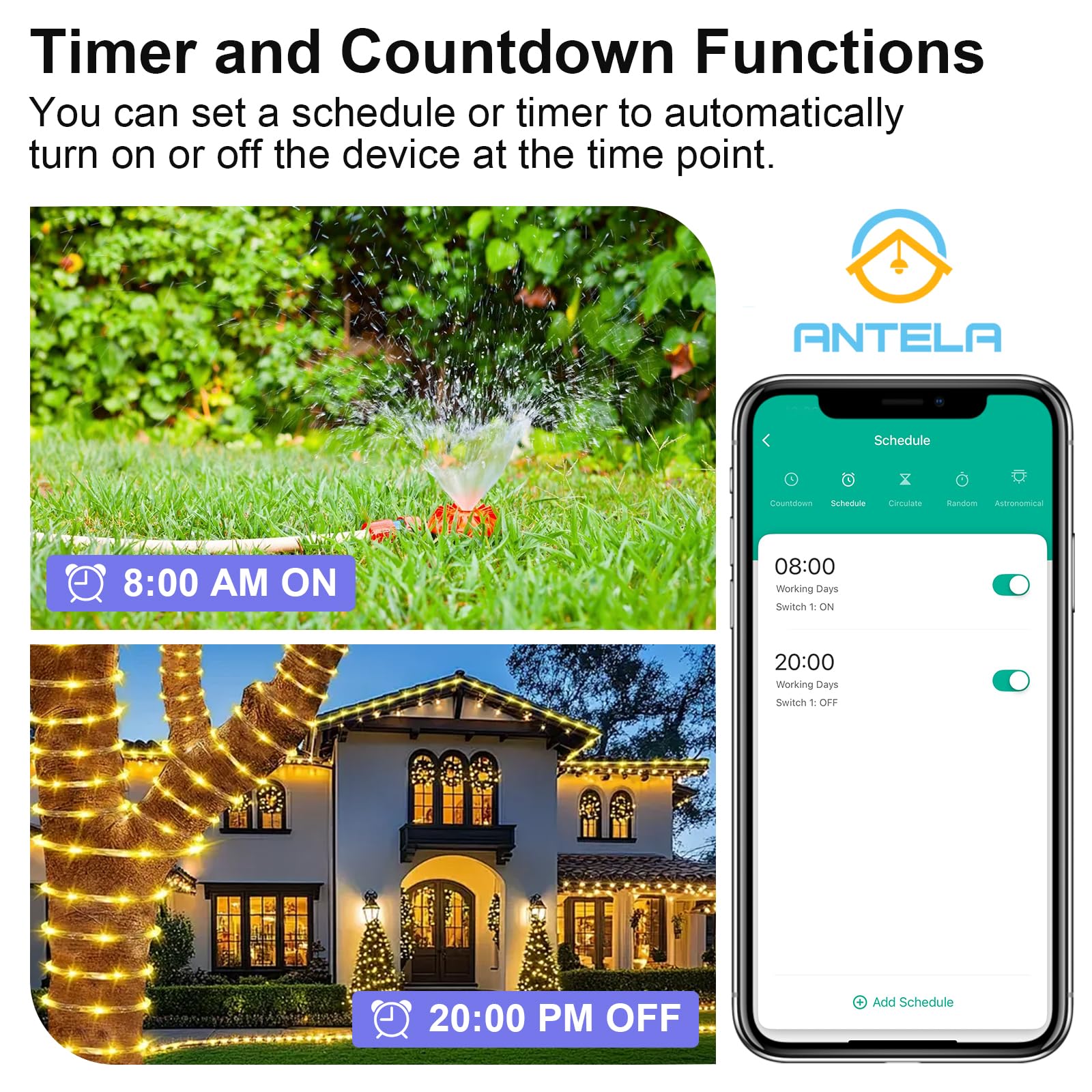 ANTELA Prise Connectée WiFi Extérieure IP44, Mesure de Consommation Électrique, Compatible avec Alexa, Google Home, Smart Life APP, 2.4GHz, 2 Pièce