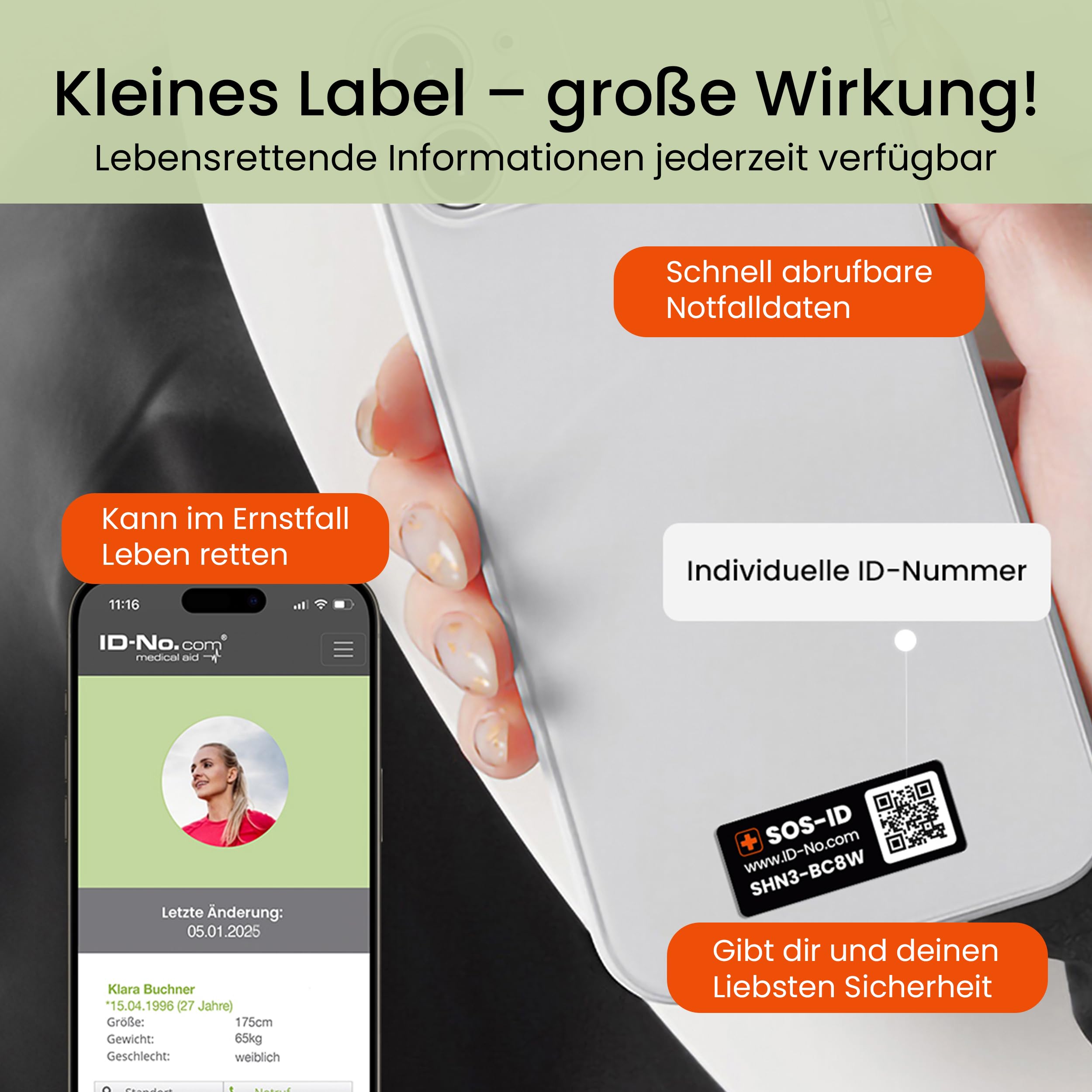 SOS-ID Label (3er-Set) – SOS-ID Etikett mit QR-Code – langlebiges & kratzfestes Klebelabel – schneller Zugriff auf wichtige Gesundheitsdaten für Ersthelfer oder Rettungskräfte