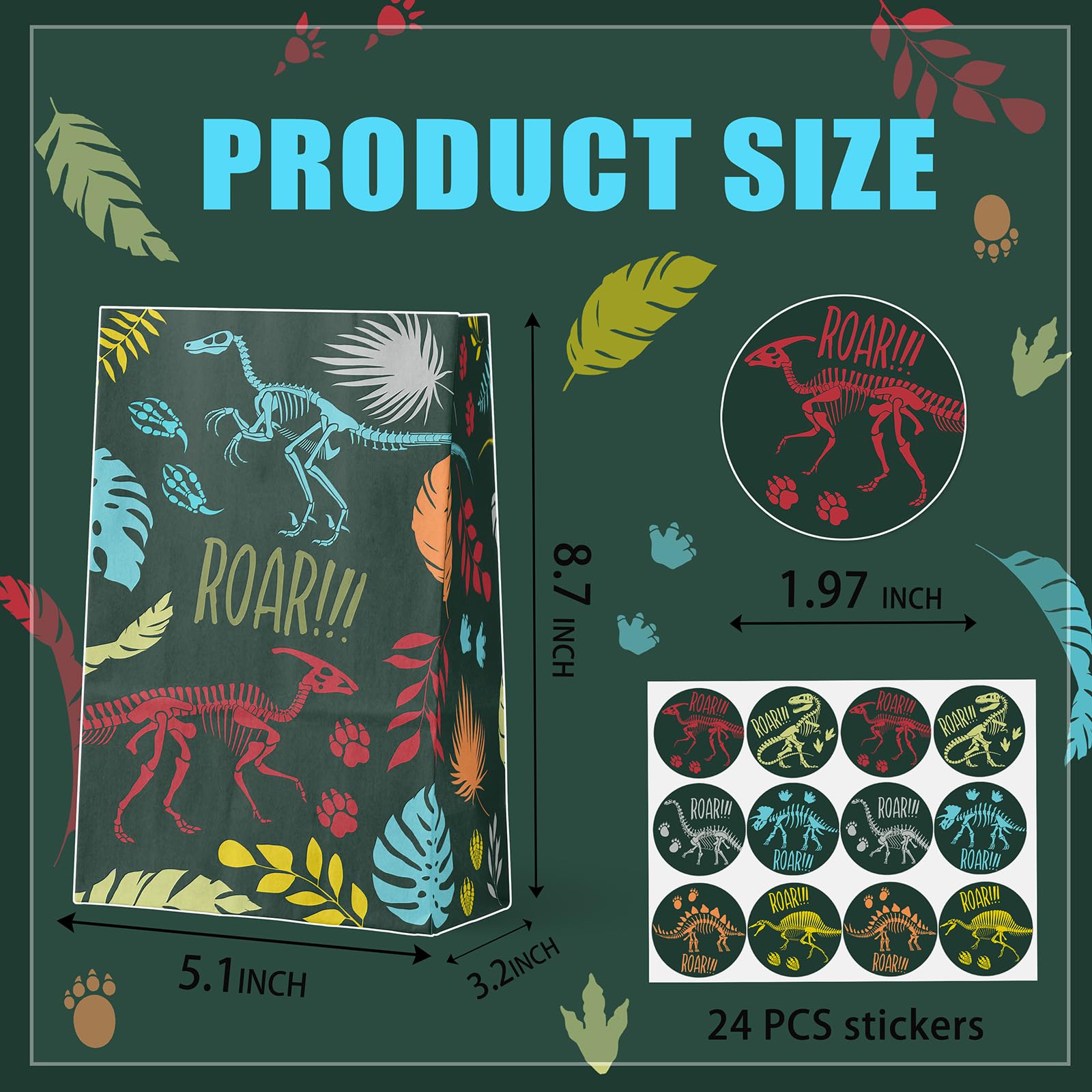 Celee 24-Pack Fossil Party Goodie Bags with Stickers - Ideal for Kids' Birthdays, Baby Showers, and Dinosaur Themed Parties