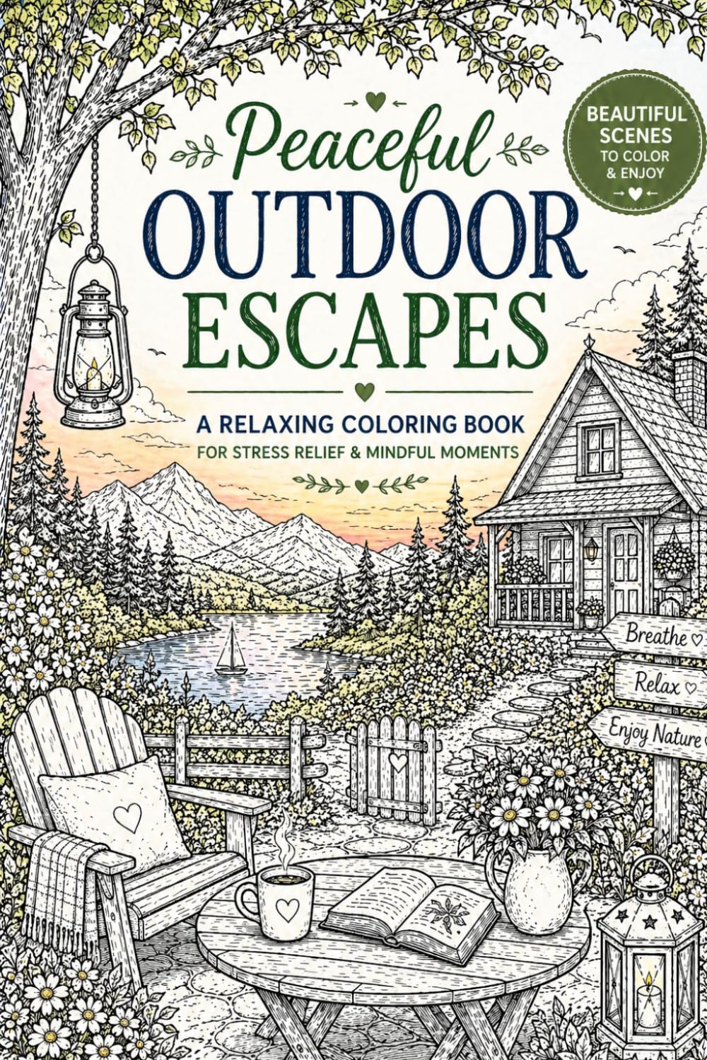 Peaceful outdoor escapes: A relaxing coloring book