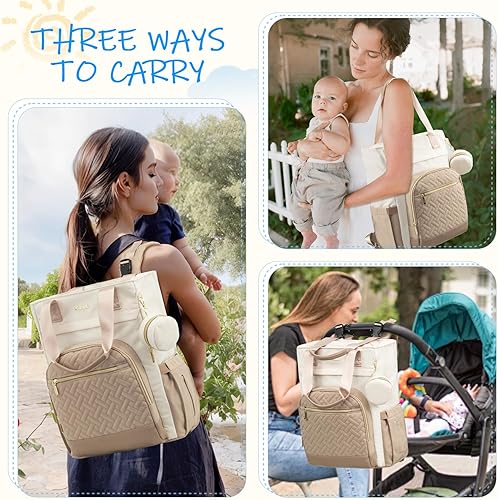 Miniatura 5 de LOVEVOOK Mochila para pañales, bolsa de bebé grande con cambiador de pañales, bolsas de pañales impermeables para bebé, regalo para papá Mon, Marfil
