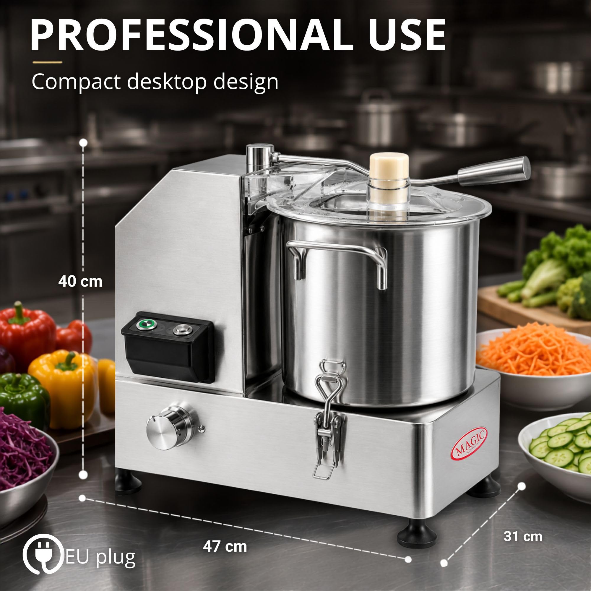 Picadora de Alimentos Industrial. Trituradora Profesional Acero Inoxidable | Procesador de Alimentos Comercial con Enchufe EU ,1800W, Control de Velocidad, Tapa de Seguridad y Cuchillas 4Cr13