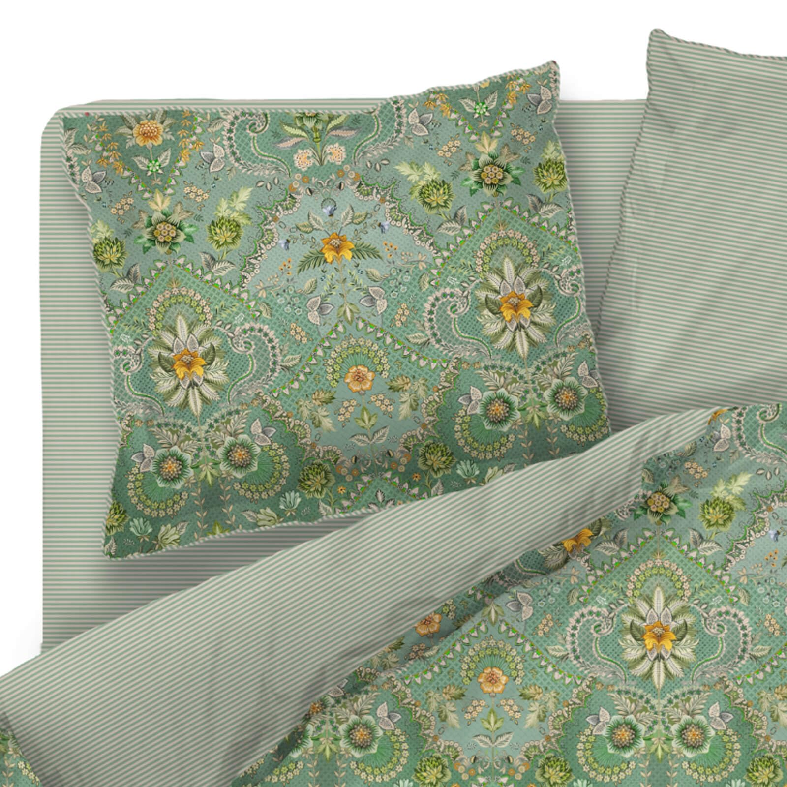 Pip Studio Bettwäsche Saluti Piccoli Green Perkal Blüten Ornamente Blumen Wendeoptik Geblümt Gestreift Floral