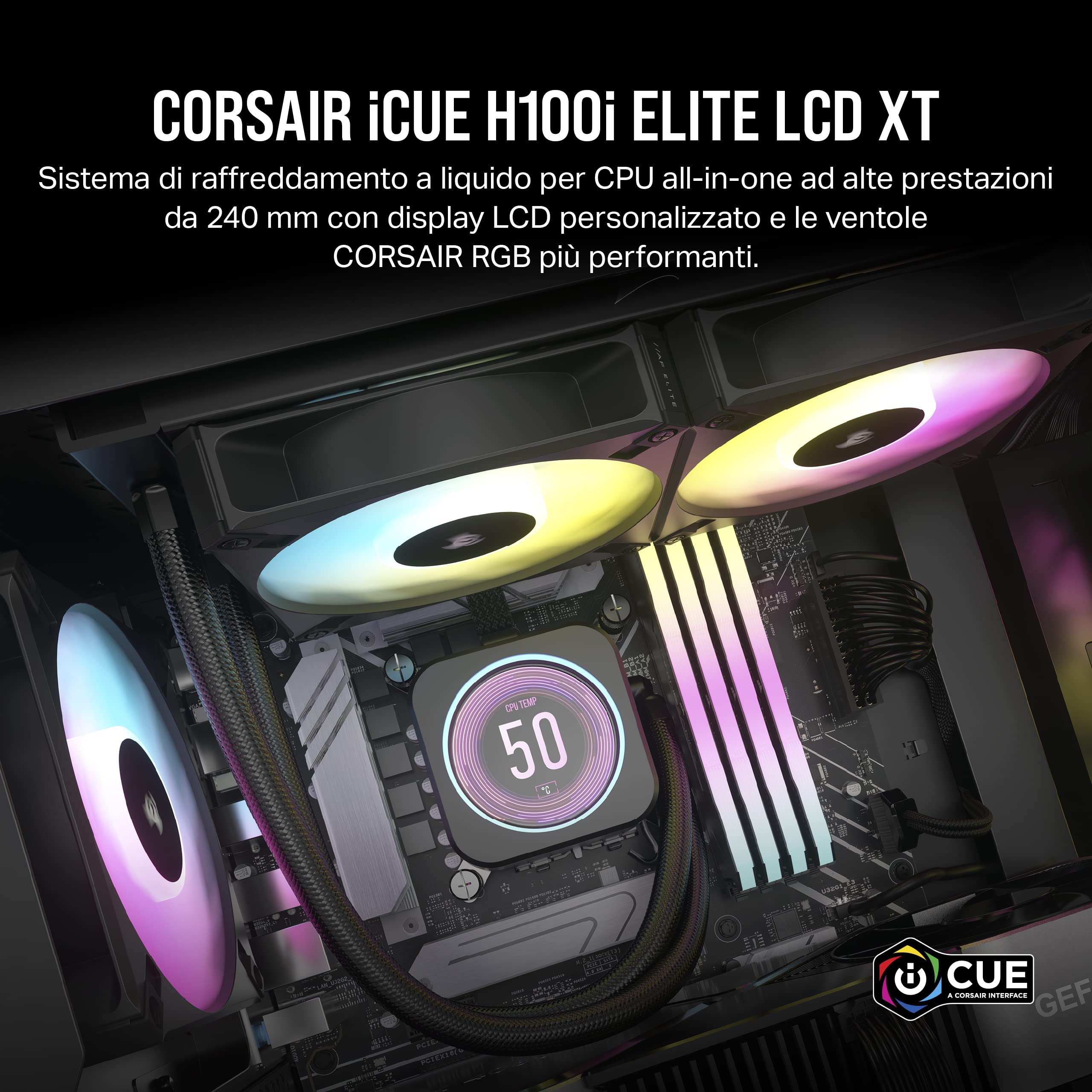 Corsair iCUE H100i ELITE LCD XT Dissipatore a Liquido per CPU - Schermo LCD IPS - Due Ventole AF120 RGB ELITE - Radiatore di 240 mm - Adatto per Intel® LGA 1700, AMD® AM5 e altro - Nero