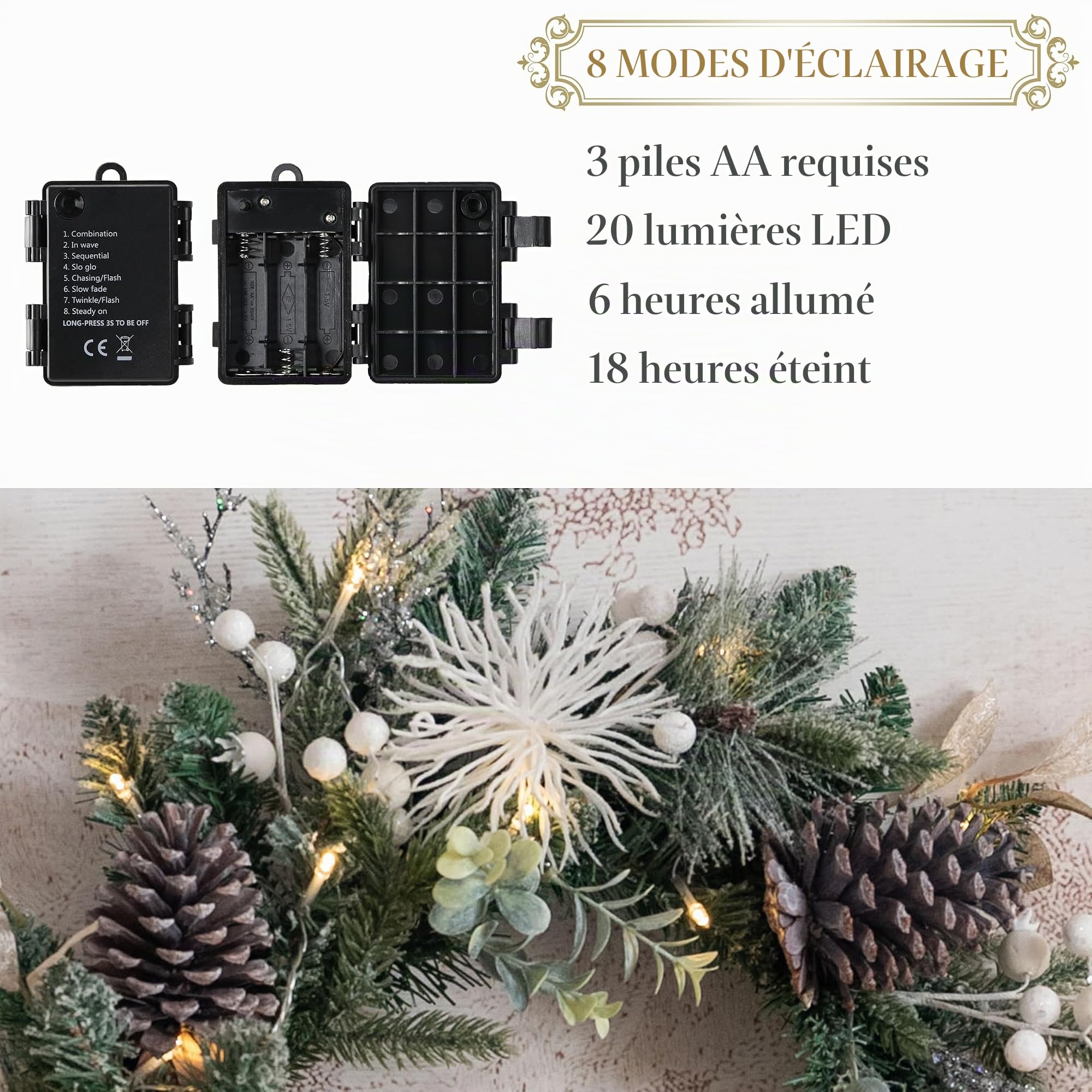 Valery Madelyn 46 cm Couronne de Noël Artificielle pour la Porte d'Entrée avec Pomme de Pin et des Boules de Noël, Couronne Artificielle avec des lumières LED et Fonction de minuterie pour Noël