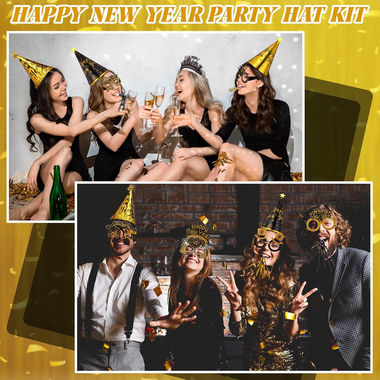 Suhine 120 Pcs Happy New Year Eve 2026 Party Supplies Bulk Cone Hats Headband Paper Glasses Noise Makers Horns