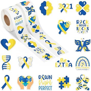 Down Syndrome Awareness Roll Stickers - 1000Pcs in 2 Rolls Blue and Yellow Ribbon Heart Great World Down Syndrome Day Waterproof Vinyl Decals for Community Event Home Decor Laptops Party Gift