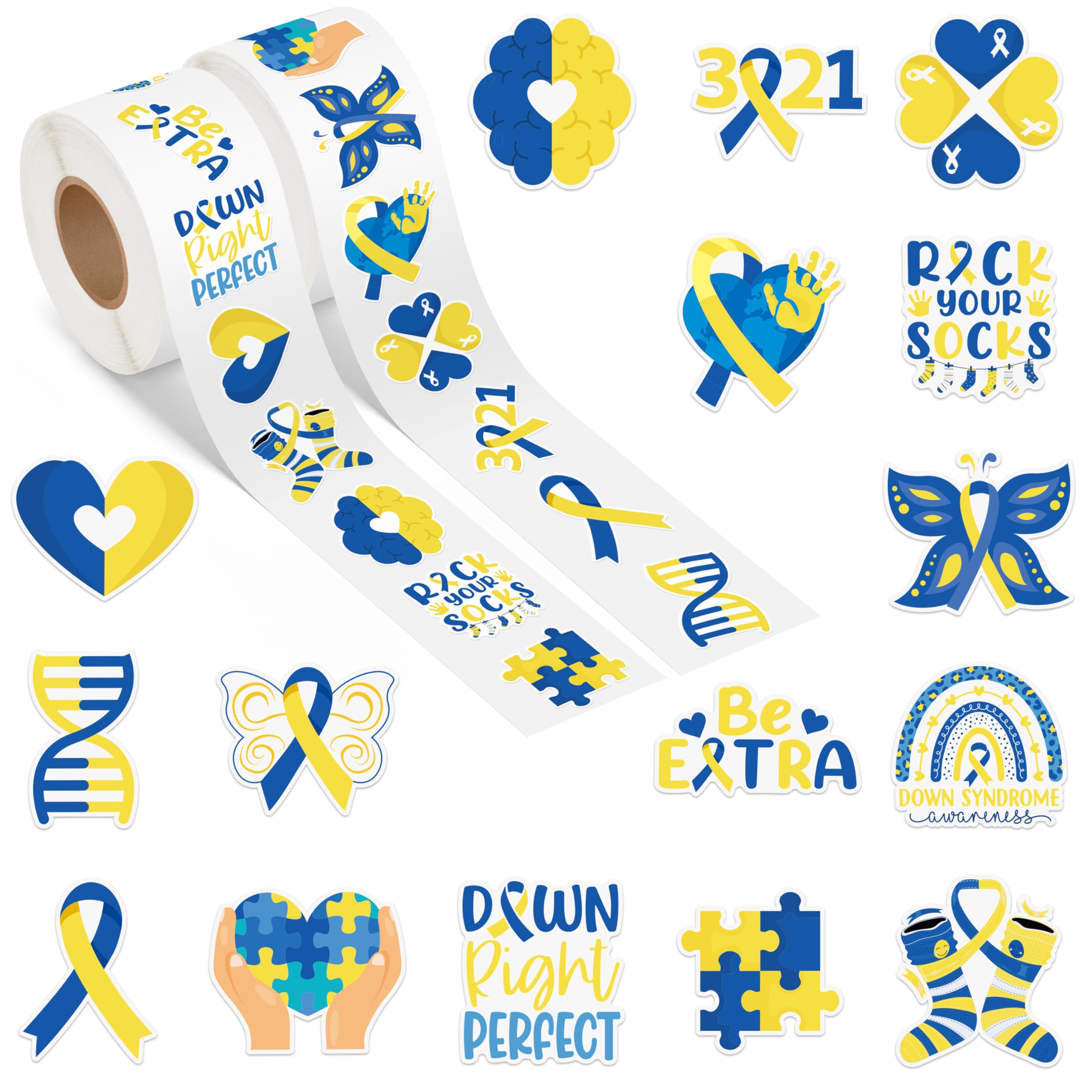 DSjuedui Down Syndrome Awareness Roll Stickers - 1000Pcs in 2 Rolls Blue and Yellow Ribbon Heart Great World Down Syndrome Day Waterproof Vinyl Decals