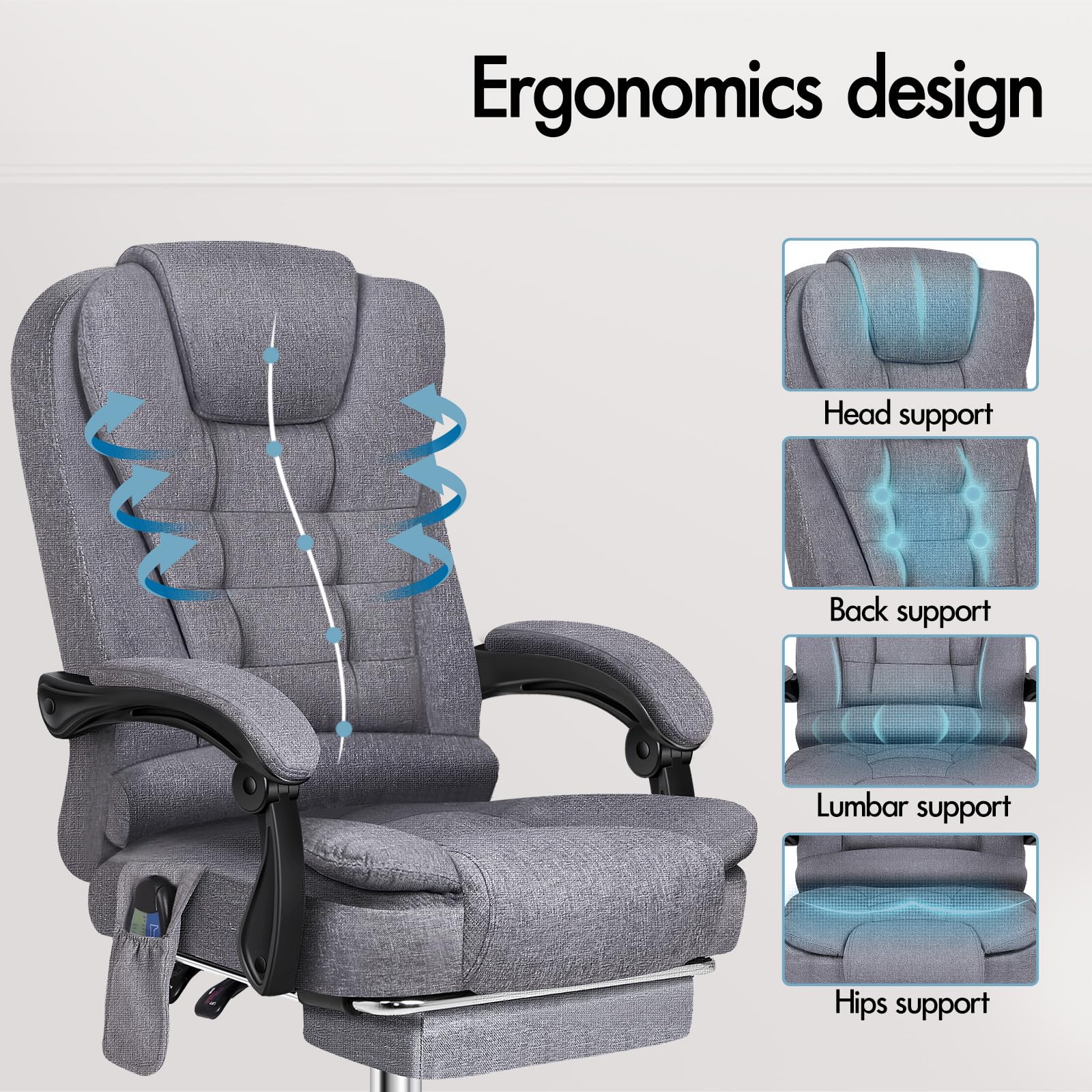 ALFORDSON Ergonomiczne krzesło biurowe, z funkcją masażu ciepła, lniane krzesło komputerowe z wyściełanymi podłokietnikami i miękkim zagłówkiem, krzesło obrotowe z kółkami, szare