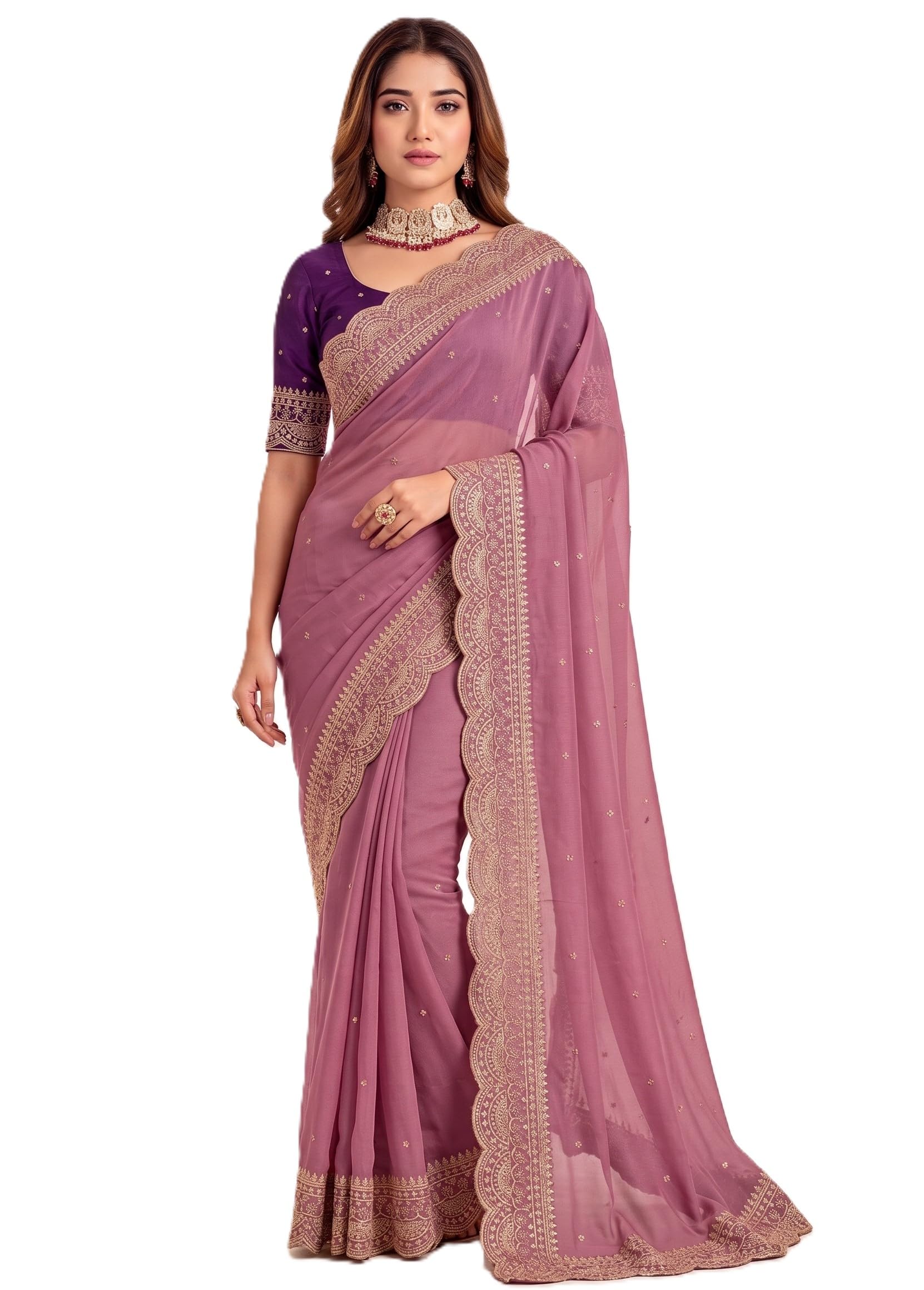 Women's Georgette Embroidery Work Saree With Unstitched Blouse Piece-image-46