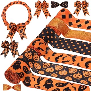 Halloween Wired Ribbon 6 Rolls 30 Yards, Orange Black Wired Edge Fabric Ribbons Set for Wreath Bow Gift Wrapping Party Home Staircase Door Table Decoration Supplies DIY Crafts