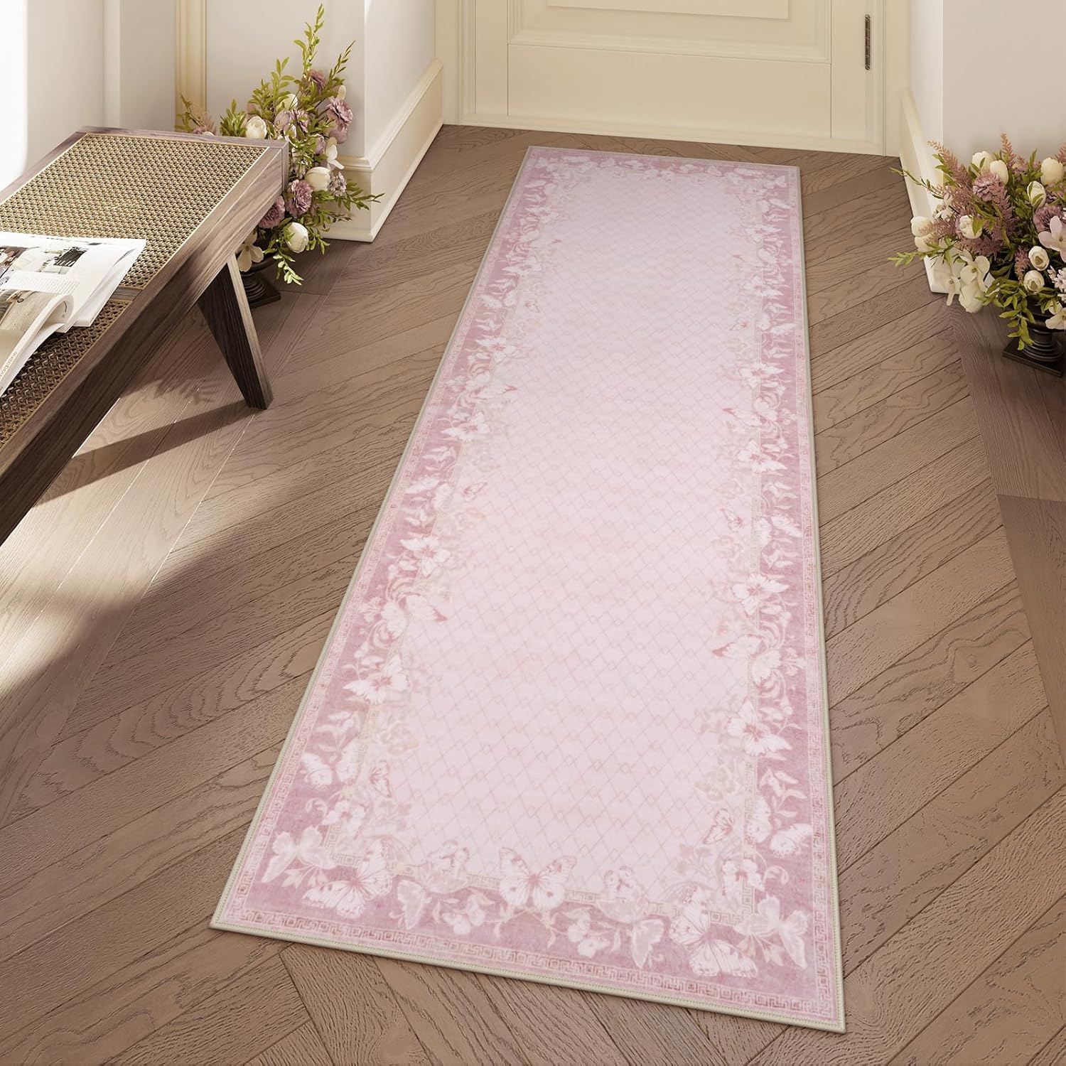 STARUIA Runner Rug Non Slip 2x6, Washable Butterfly Pink Rug Runners for Hallways, Low Pile & Soft Area Carpet Floor Decorated Rugs for Entryway Kitchen Laundry Bedroom Girls Room(Pink,2'x6')
