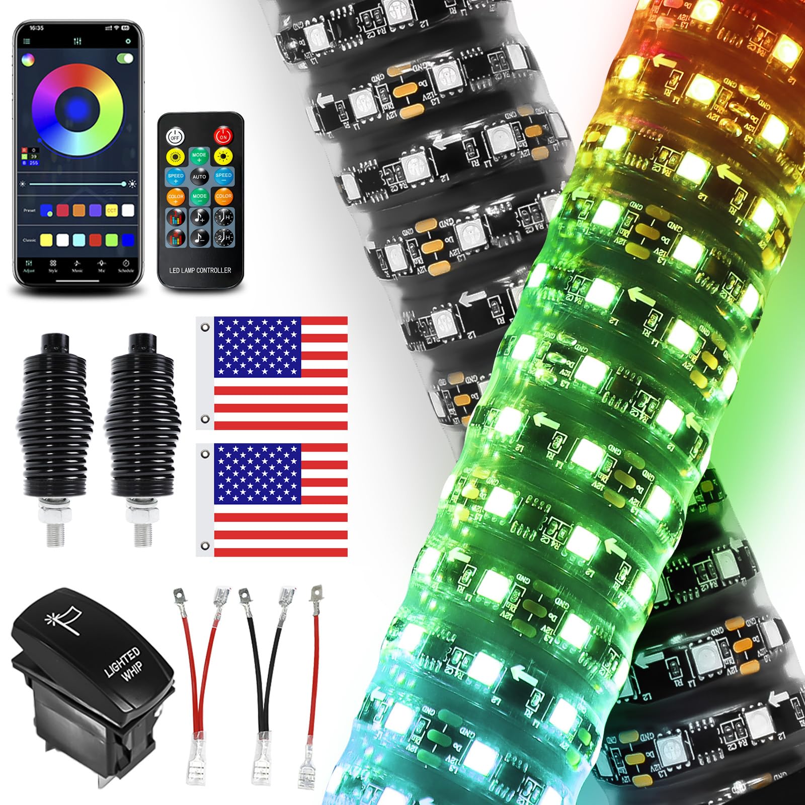 2 Pack 3FT Fat LED Lights with App &amp; Remote Control, Spiral RGB Chasing Antenna Whips for SXS UTV ATV RZR, Can-Am X3 Off-Road