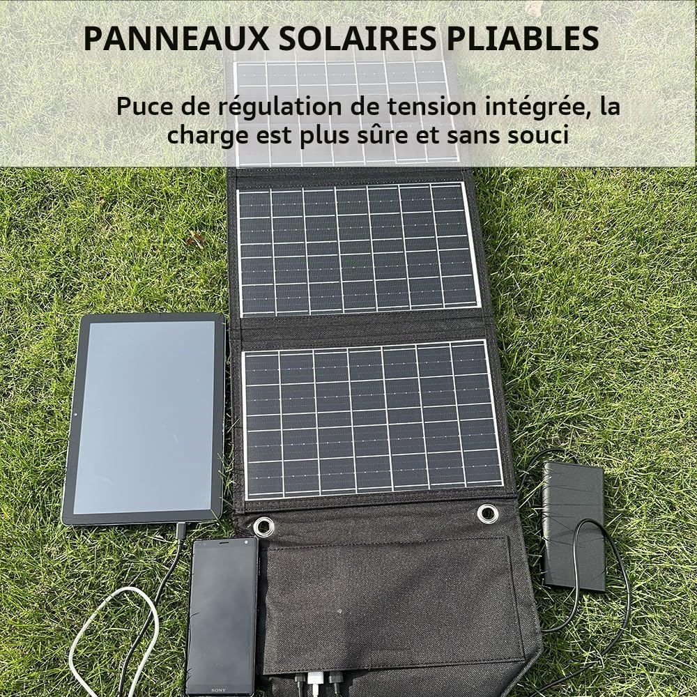 Chargeur de Panneau Solaire Pliant 45W avec téléphone USB-C et USB-A, Alimentation, Tablette QC3.0 Sortie - Camping, Marche, Sac à Dos Voyage imperméable