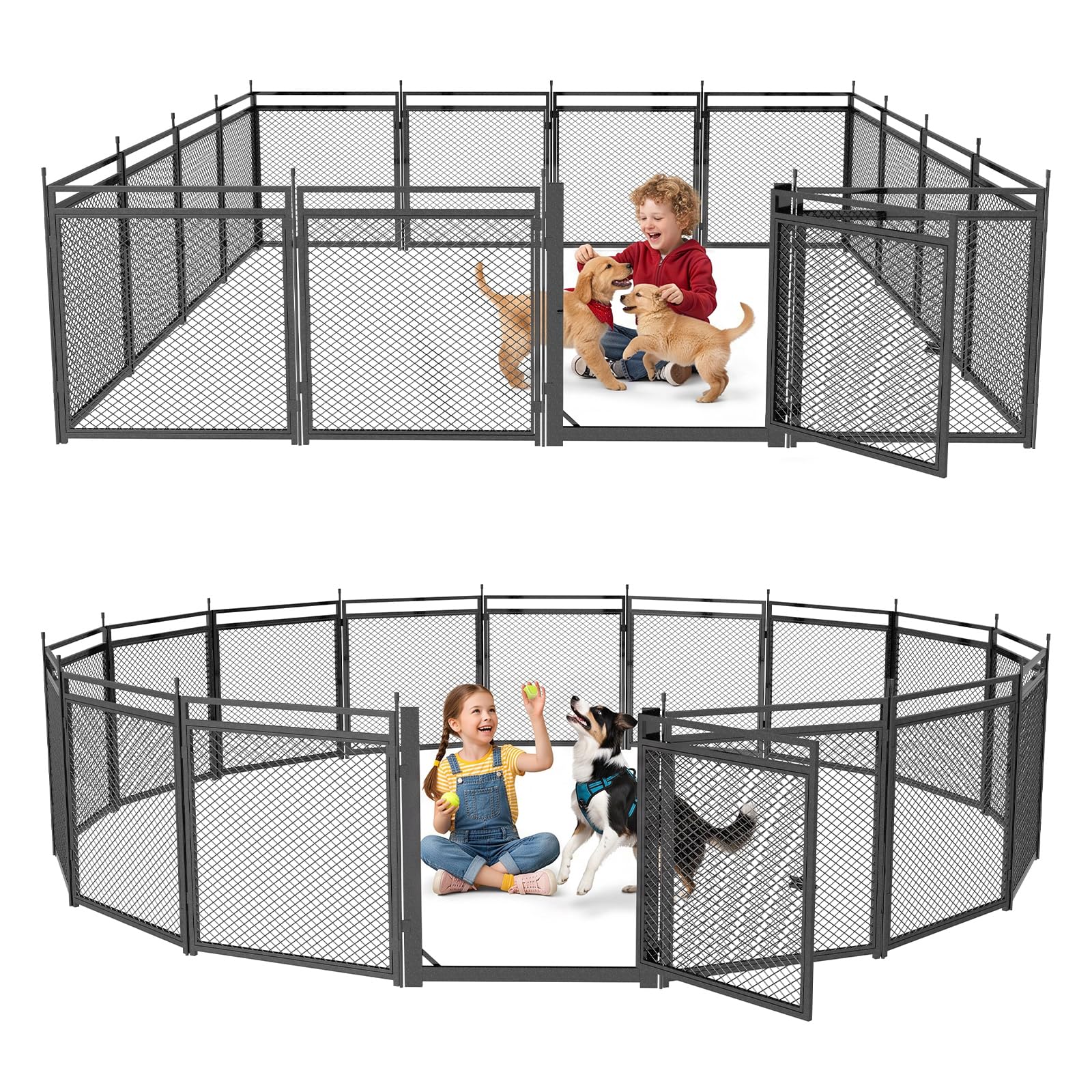 Dog Fence with Safety Mesh, 24" Height 16 Panels Metal Pet Playpen Indoor Outdoor, Portable Dog Fence Outdoor for Yard,Camping&amp; RV | Black-Silver