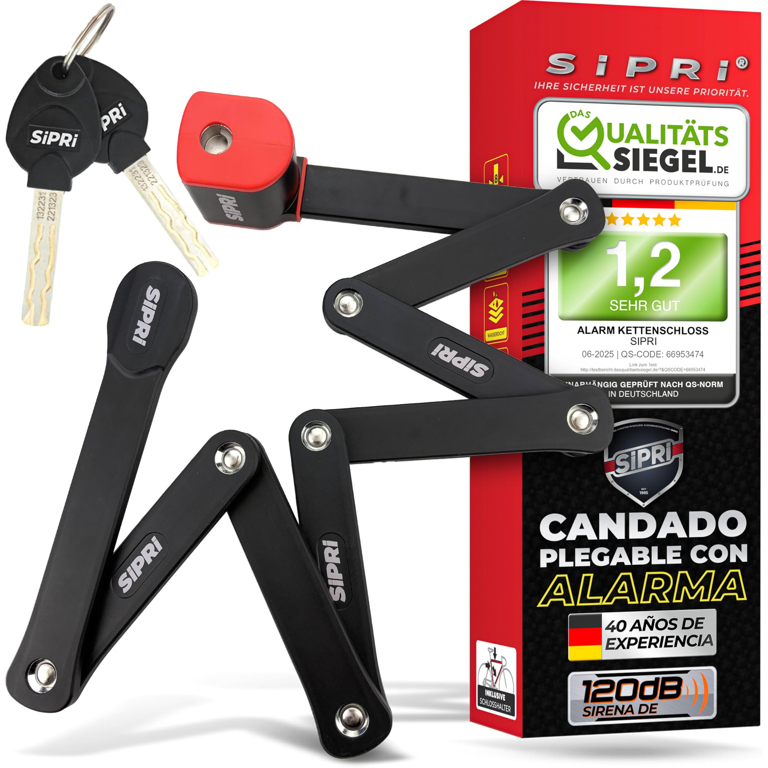 SIPRI® Candado plegable para bicicleta con alarma 120 dB | Candado plegable