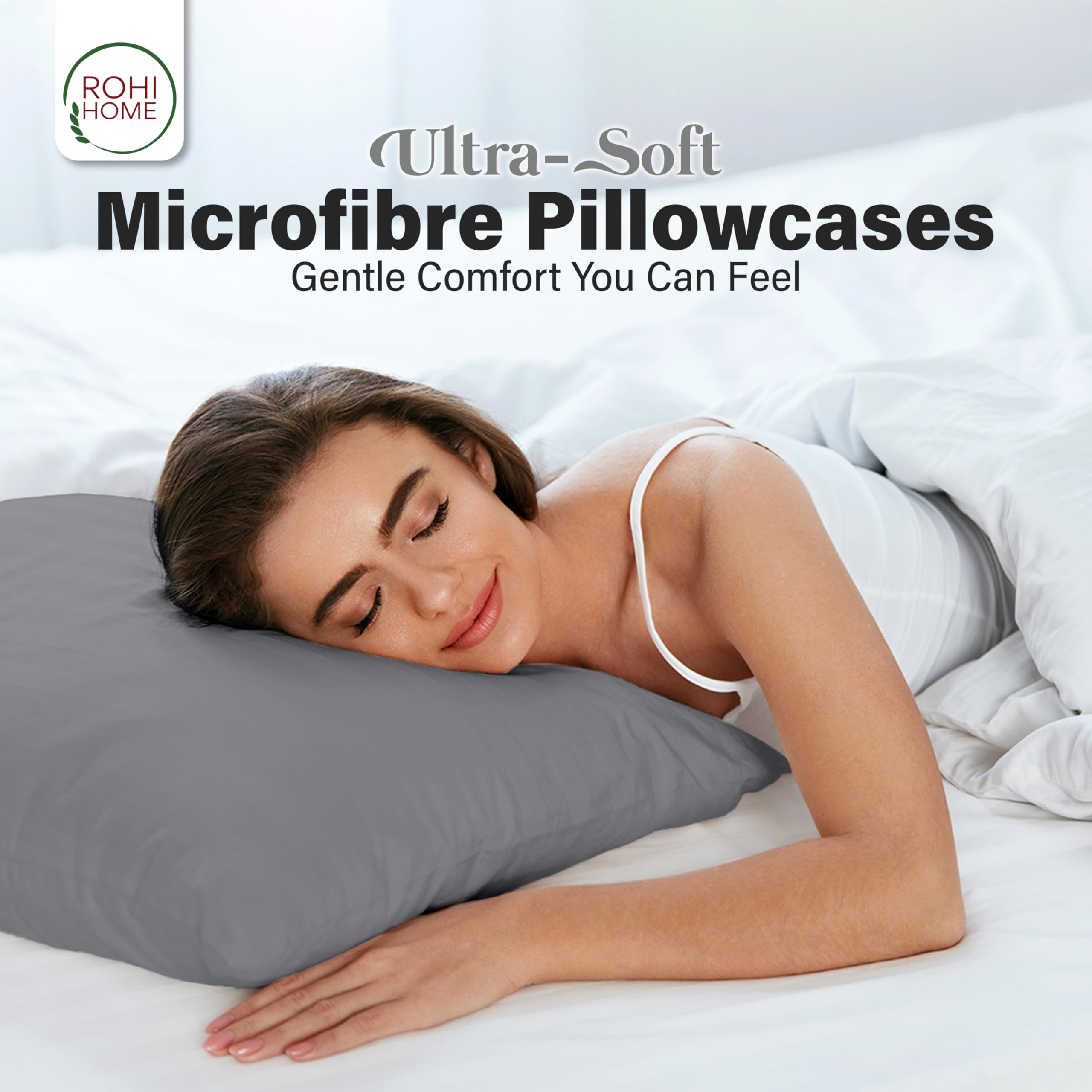 Rohi Microfibre Grey Pillowcases 2 Pack, Soft & Smooth Envelope Closure Pillow Covers - Image 2