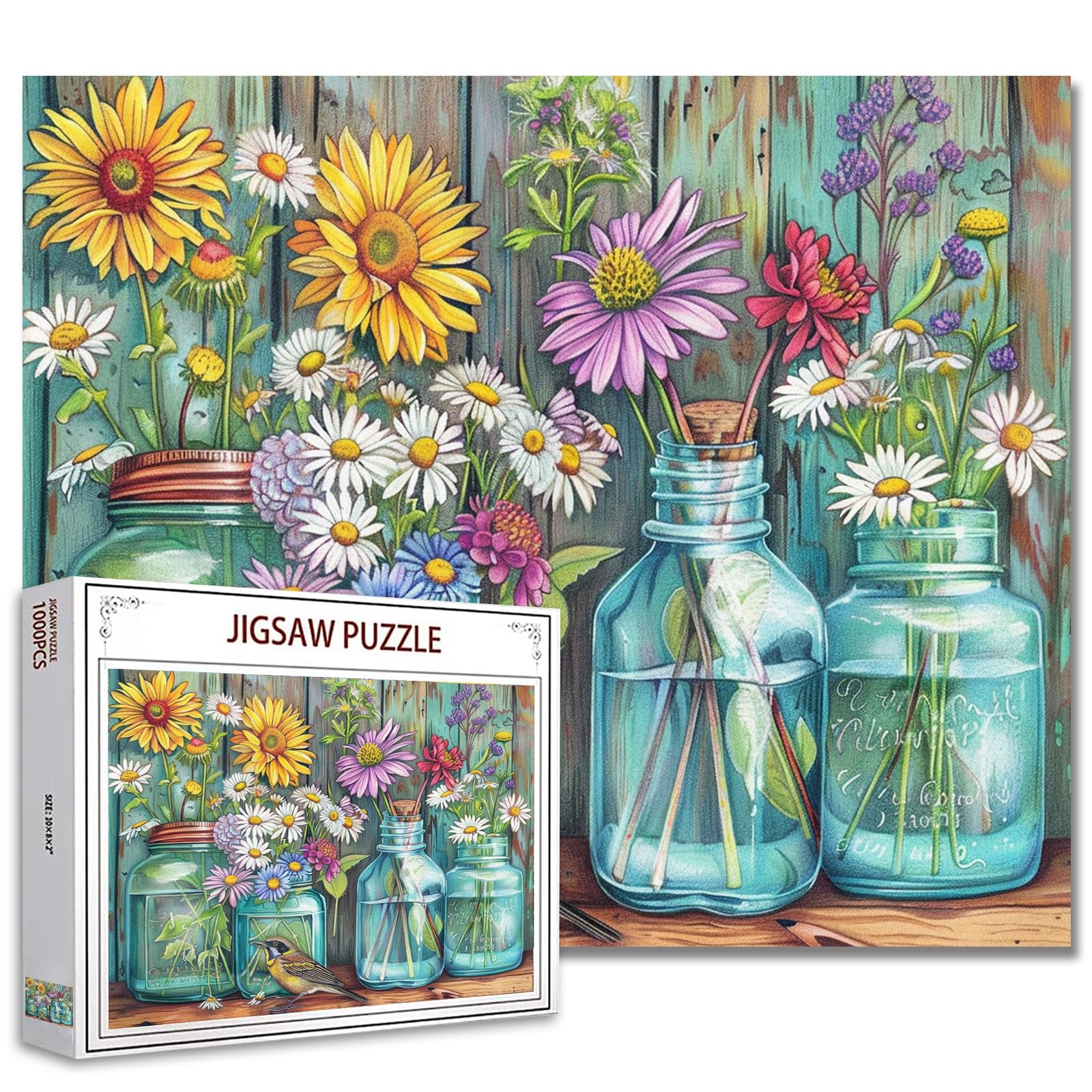 Tucocoo 1000 Piece Puzzle for Adults Wildflowers and Daisies Puzzle Bird Rustic Mason Jars 1000 Pieces Puzzles for Sophisticated Family Activity Game Flower Art Wall Decoration DIY