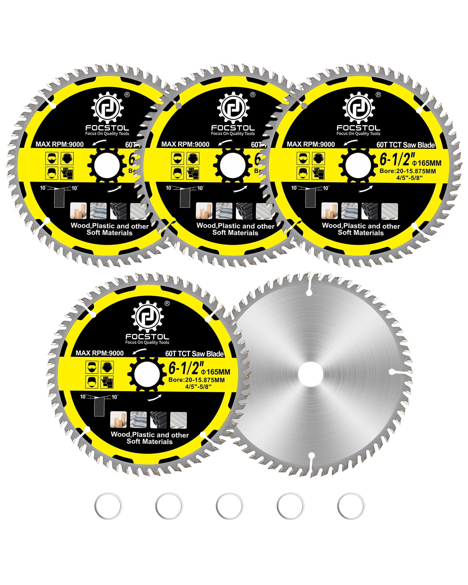FOCSTOL Wood Cutting Circular Saw Blade 165mm - 5pcs 60 Tooth TCT Cutting Blade for Cutting Wood, Plywood, Particle Board, Plastics and Other Soft Materials