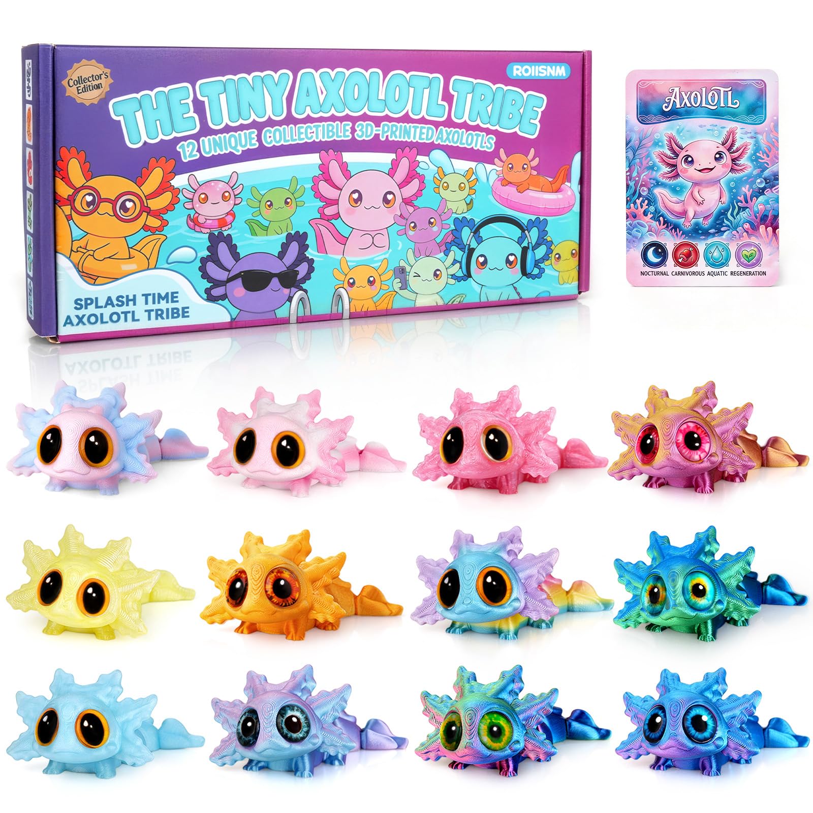12 Pcs 3D Printed Axolotl Toy Magnets Cute Cat Eye 3D Printed Animals Toys Colorful Articulated Figurines Magnetic Desk Pets with Hidden Belly Magnets Gift Box for Gifting