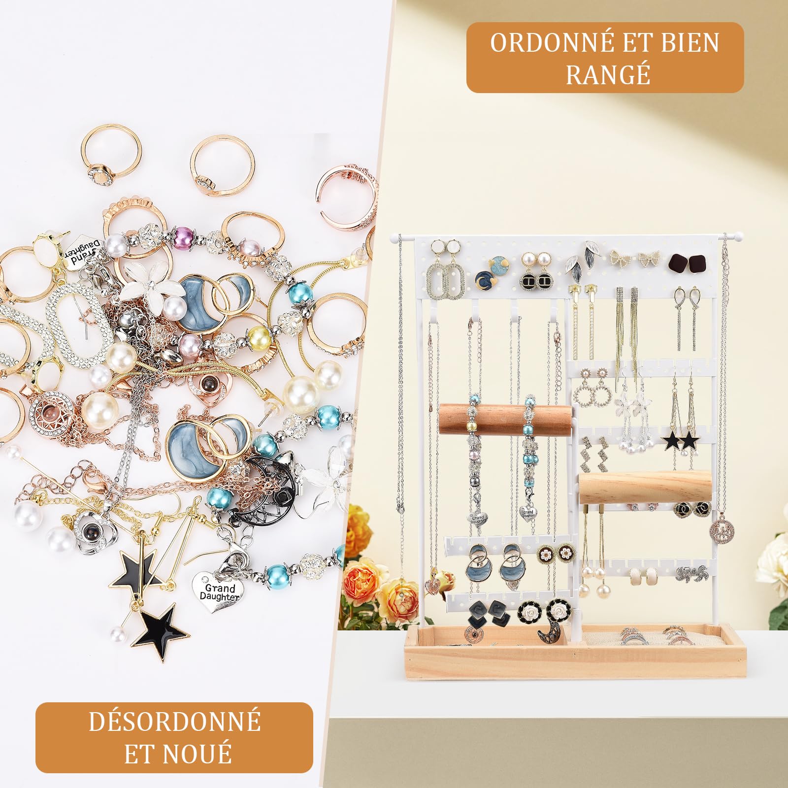 Présentoir à Bijoux Sur Pied - Organisateur Pour Bagues, Colliers, Boucles D'oreilles | 28x10x34cm | Noir Et Blanc