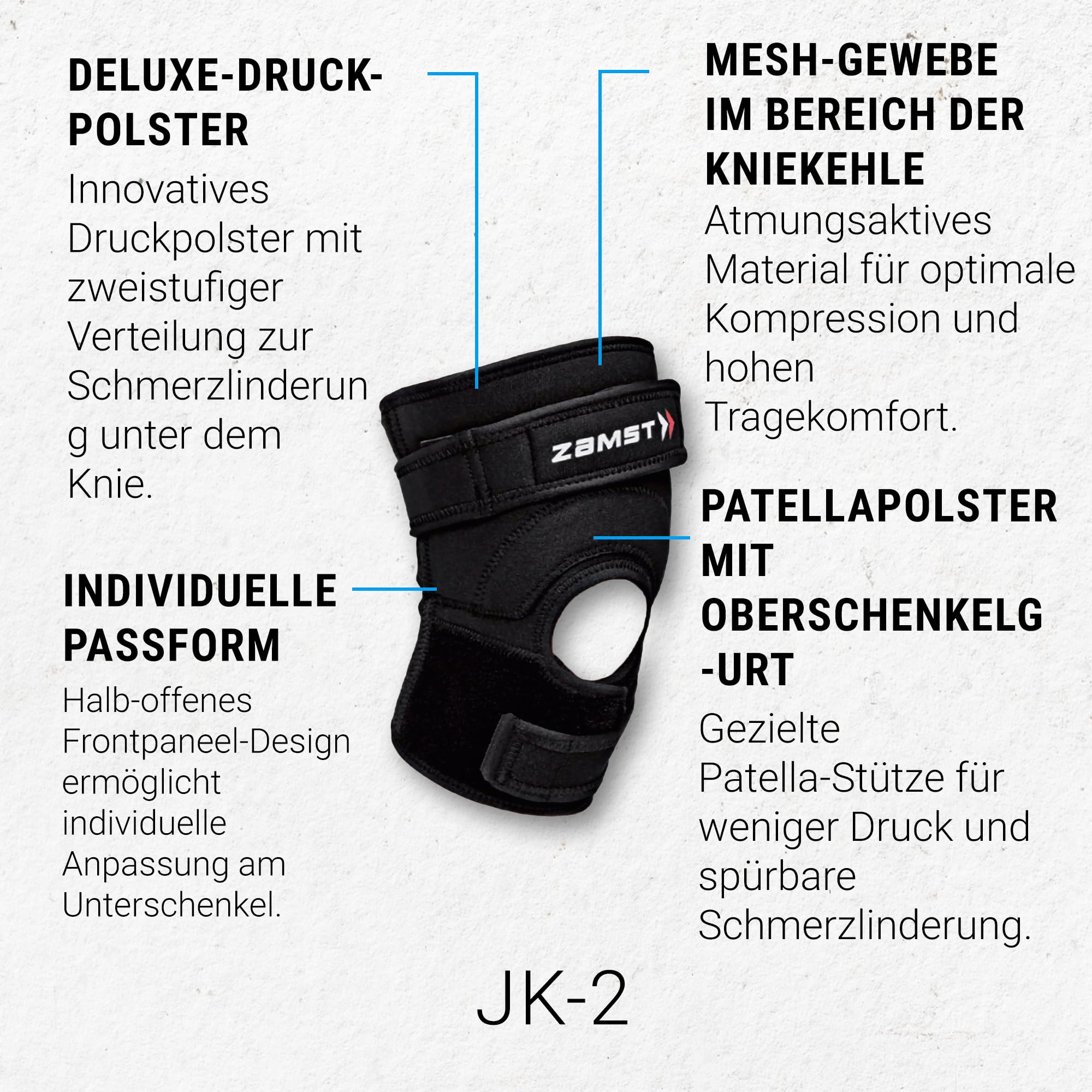 Zamst JK-2 Kniebandage - Optimierte Patellasehnenbandage - Kompressions-Bandage Knie - Ideal für Basketball, Volleyball, Fußball und Sprungsportarten (L)