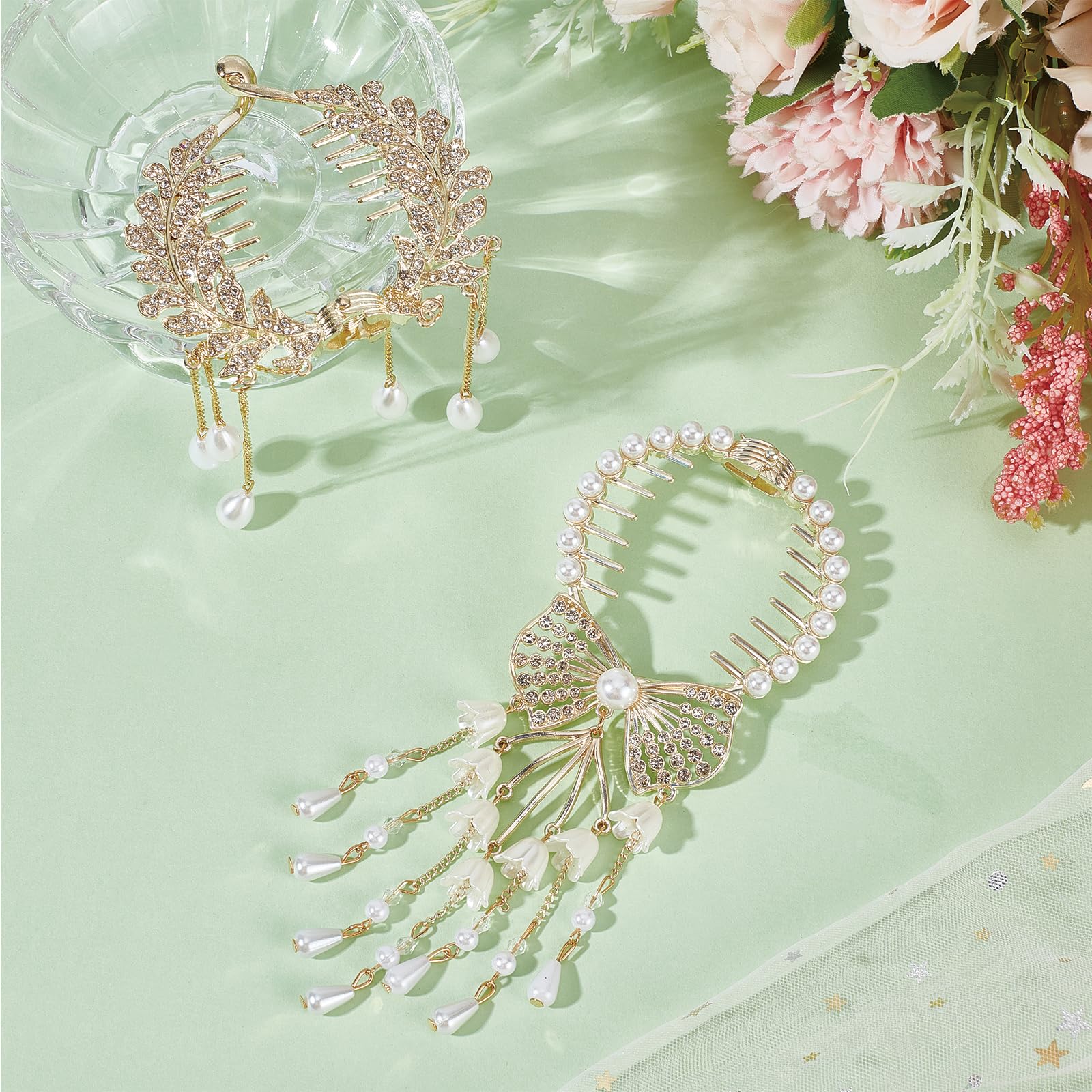 NICENEEDED Pearl Tassel Ponytail Hair Clip, Rhinestone Buckle Hairpin - Image 4
