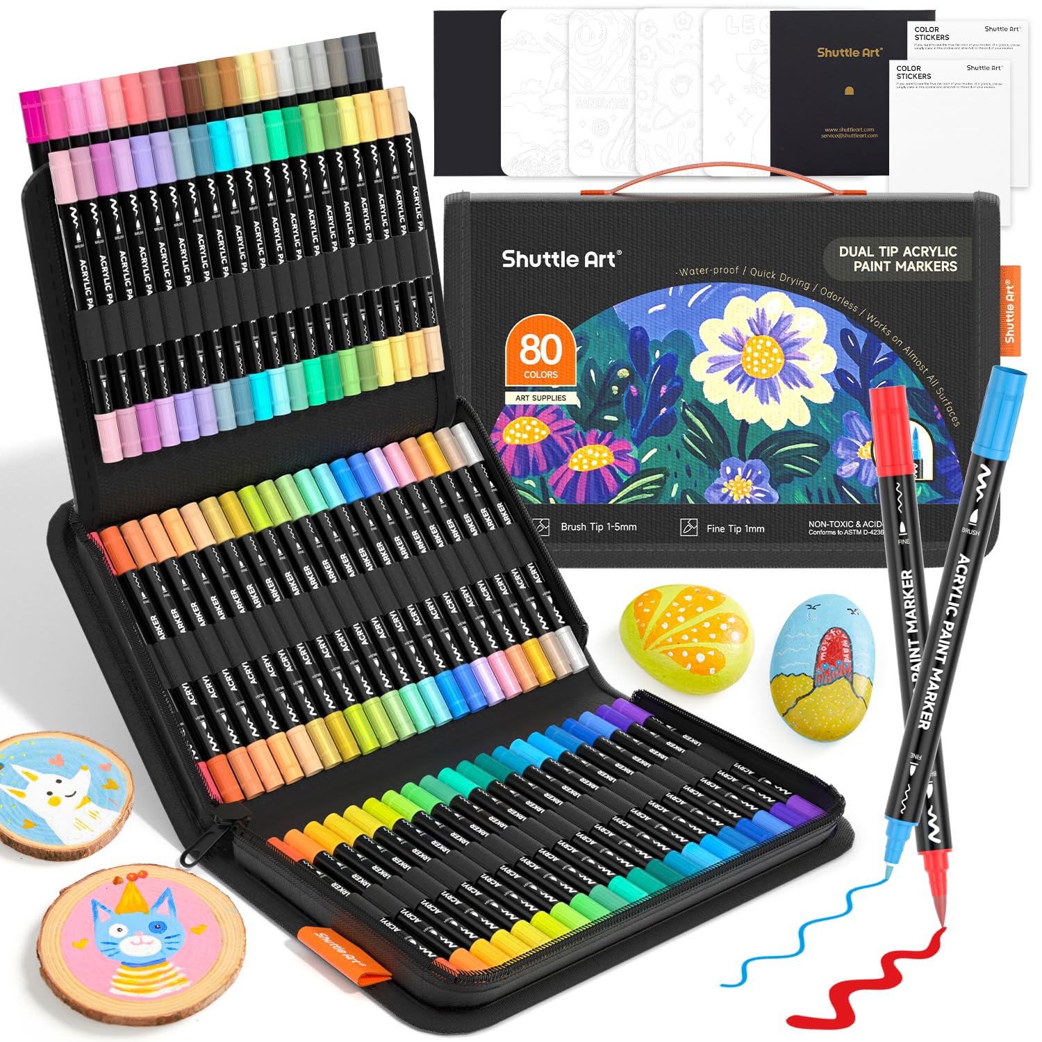 Shuttle Art Rotuladores Acrilicos, 80 Colores Rotuladores Acrilicos Permanentes de Punta Pincel y Fina, Acrylic Markers para Niño Adulto, Rotuladores para Pintar Piedras Madera Plástico Vidrio DIY Global Recycled Standard Global Recycled Standard Global Recycled Standard