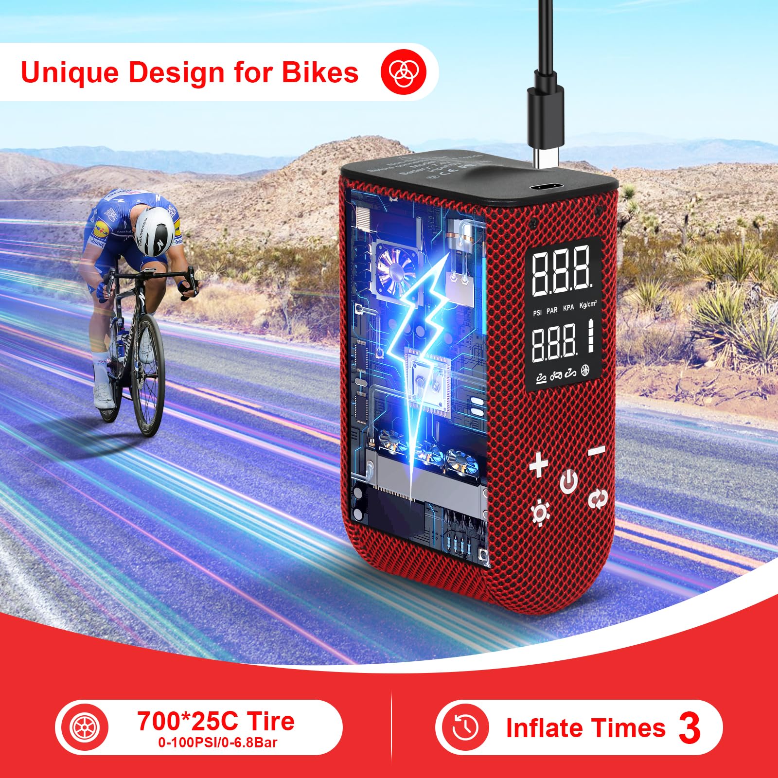 Mini pompa per bicicletta, pompa ad aria elettrica, pompa per bicicletta Presta e Schrader, pompa ad aria per bicicletta con funzione di memoria, 100 psi/6,8 bar, spegnimento automatico