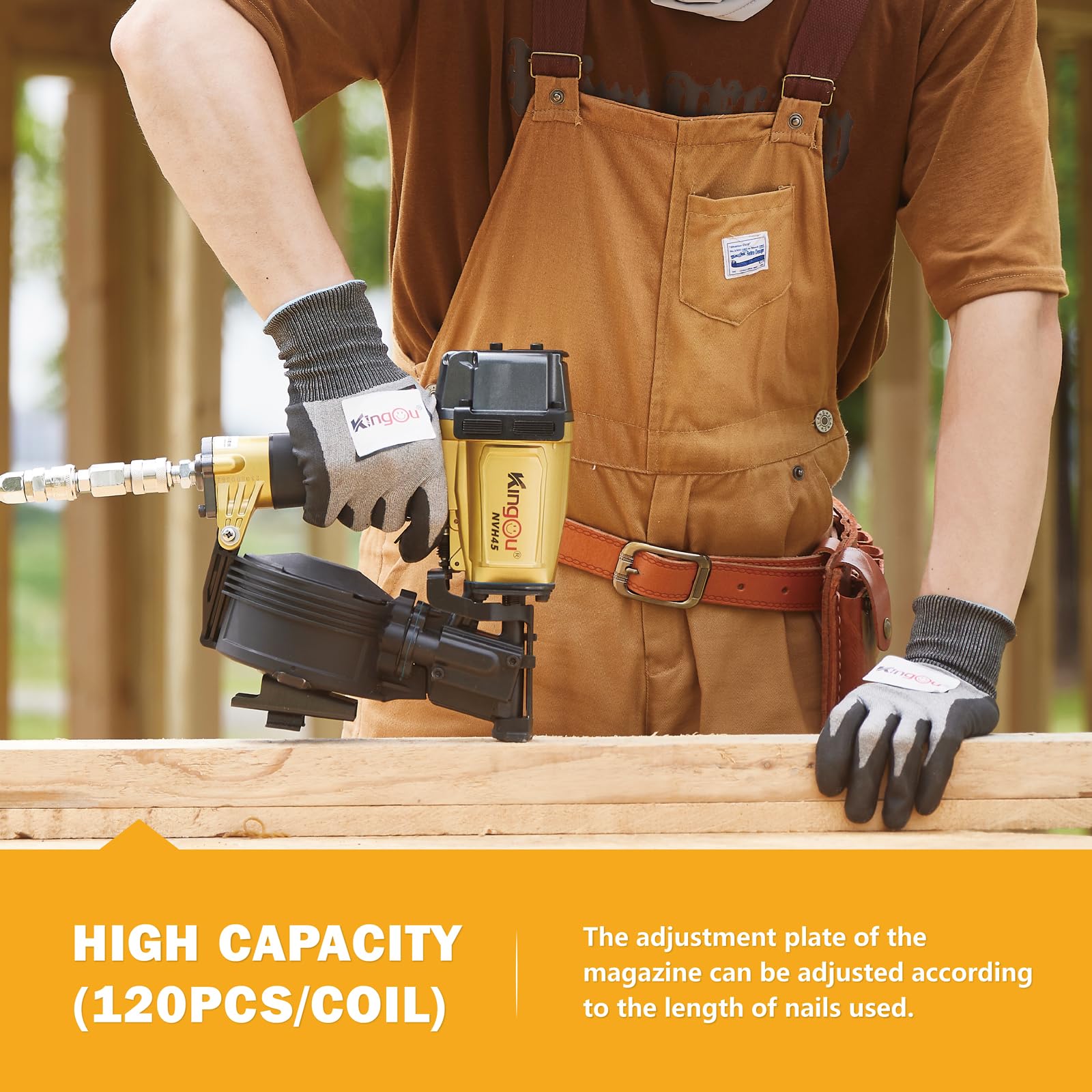 Kingou American Style NVH45 Roofing Nailer – 15° 120-Cap, Fits 7/8” To 1-3/4” Nails, 3/8 NPT Air Connector – Heavy-Duty Roofing Gun