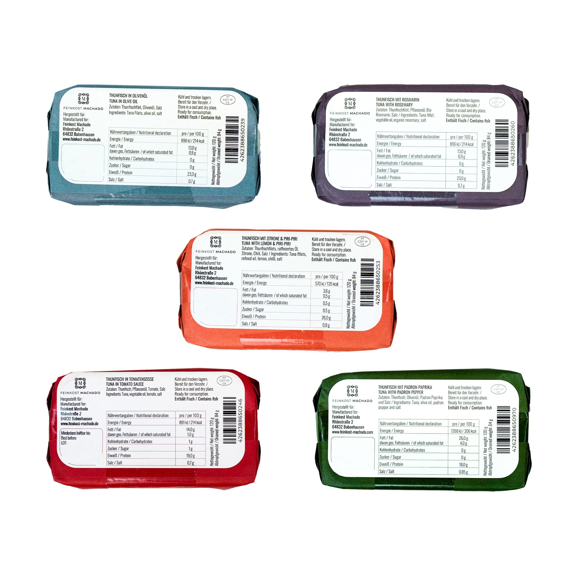 Feinkost Machado – 5er Set Thunfisch (je 120g) | Mit Thunfisch in Olivenöl, Rosmarin, Tomatensauce, Padron Paprika, Zitrone & Piri Piri | Mediterraner Genuss aus Portugal – Für Salate, Pasta & Tapas