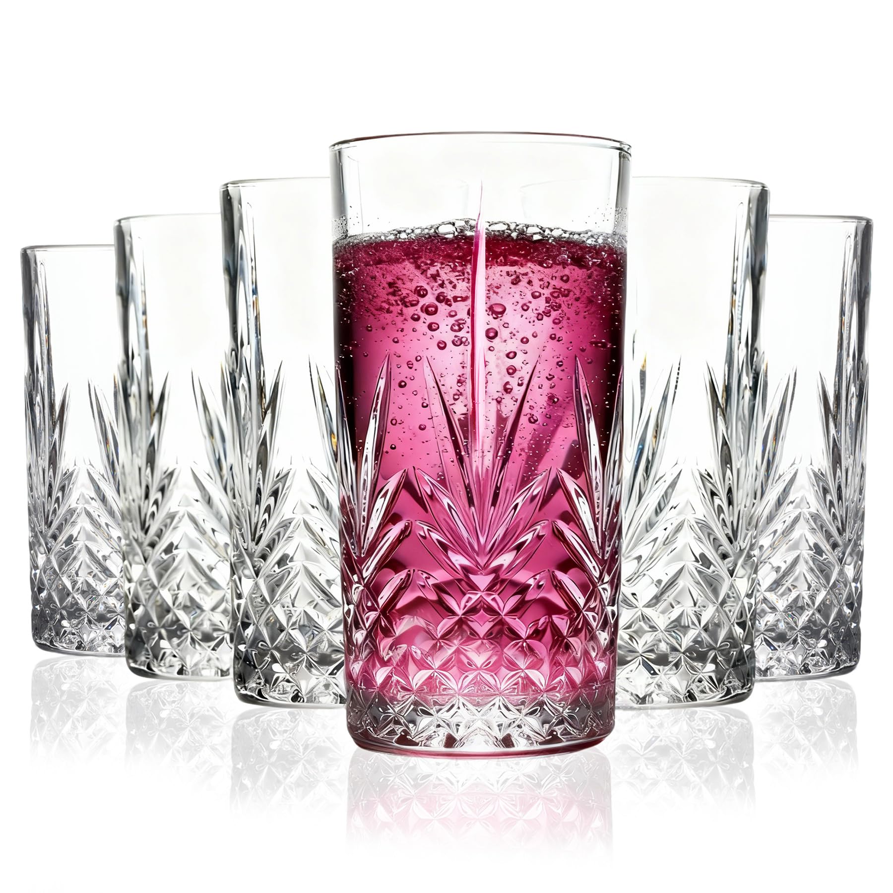 Tall Highball Glasses Set Of 6-14 Ounce Elegant Tom Collins Glasses - Textured Designer Glassware Set For Whiskey