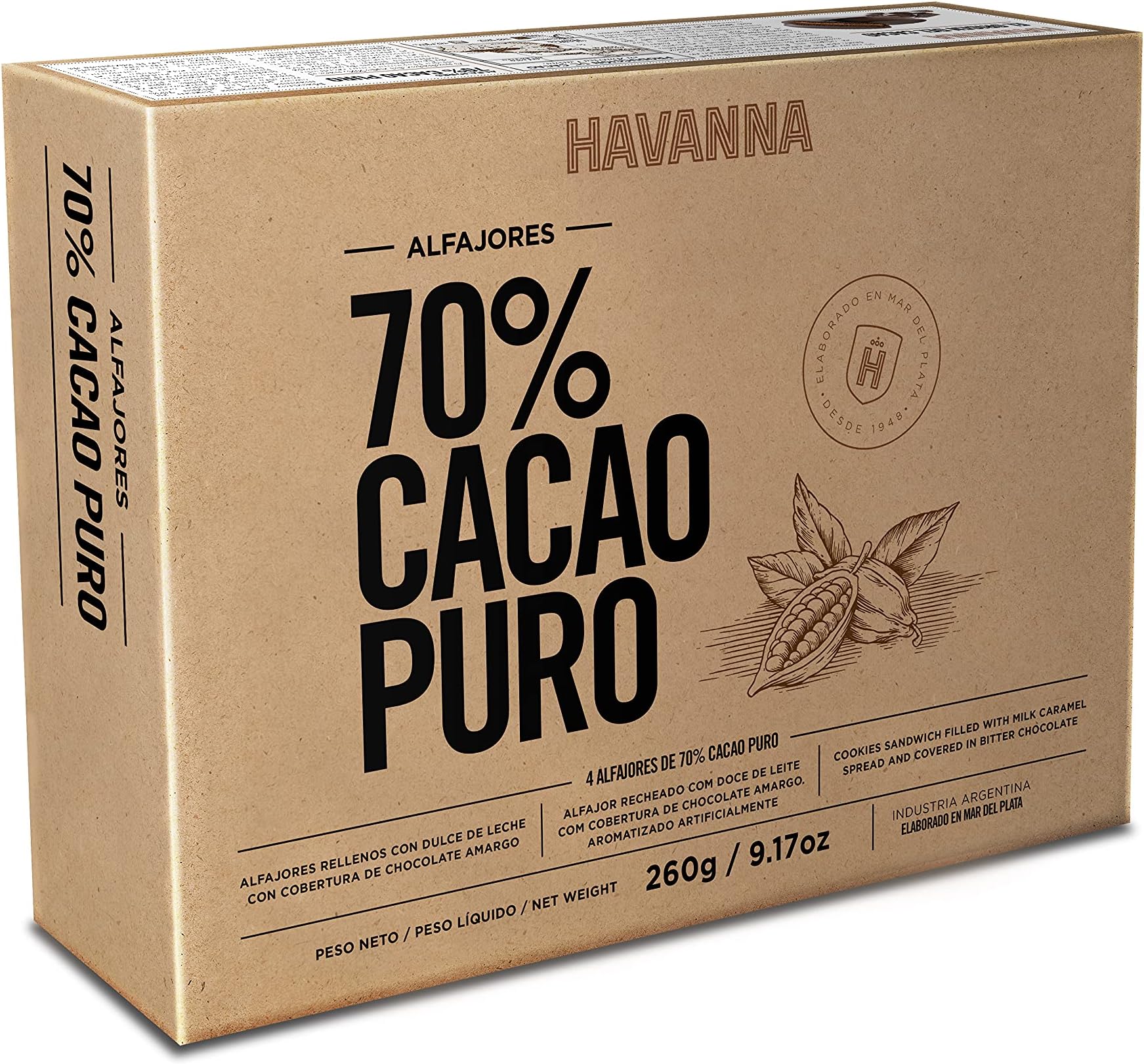 Havanna Extra Dark Chocolate Alfajores – Dulce de Leche Filled Cookies Coated in Double Layers of 70% Pure Dark Chocolate – Authentic Argentinian Treats, Box of 4