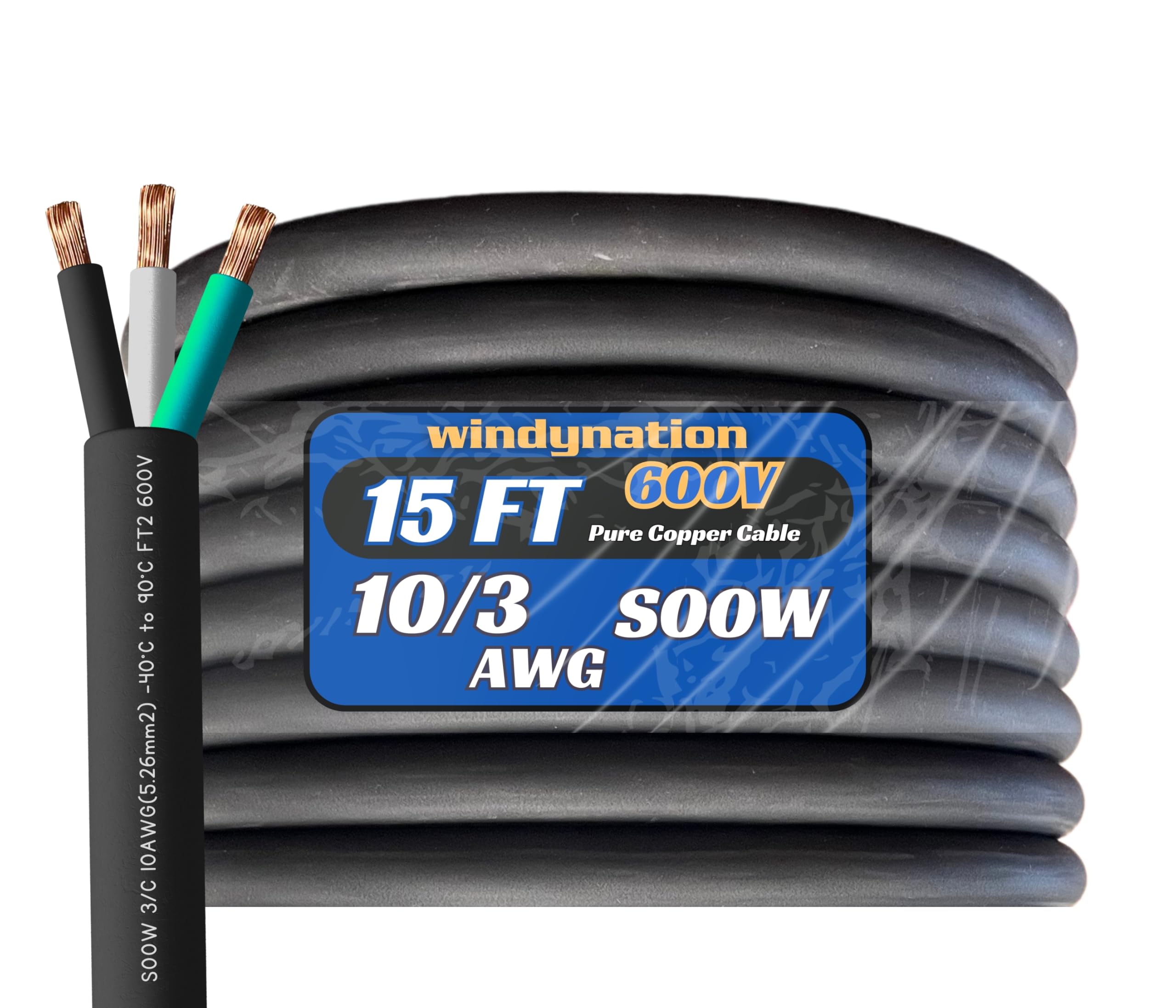 WindyNation 15 Feet 10/3 10 AWG SOOW SO Cable Cord Wire - 10 Gauge 3 Conductor 600V Portable Power Extension Cord Cable for EV Chargers, Motor Leads,