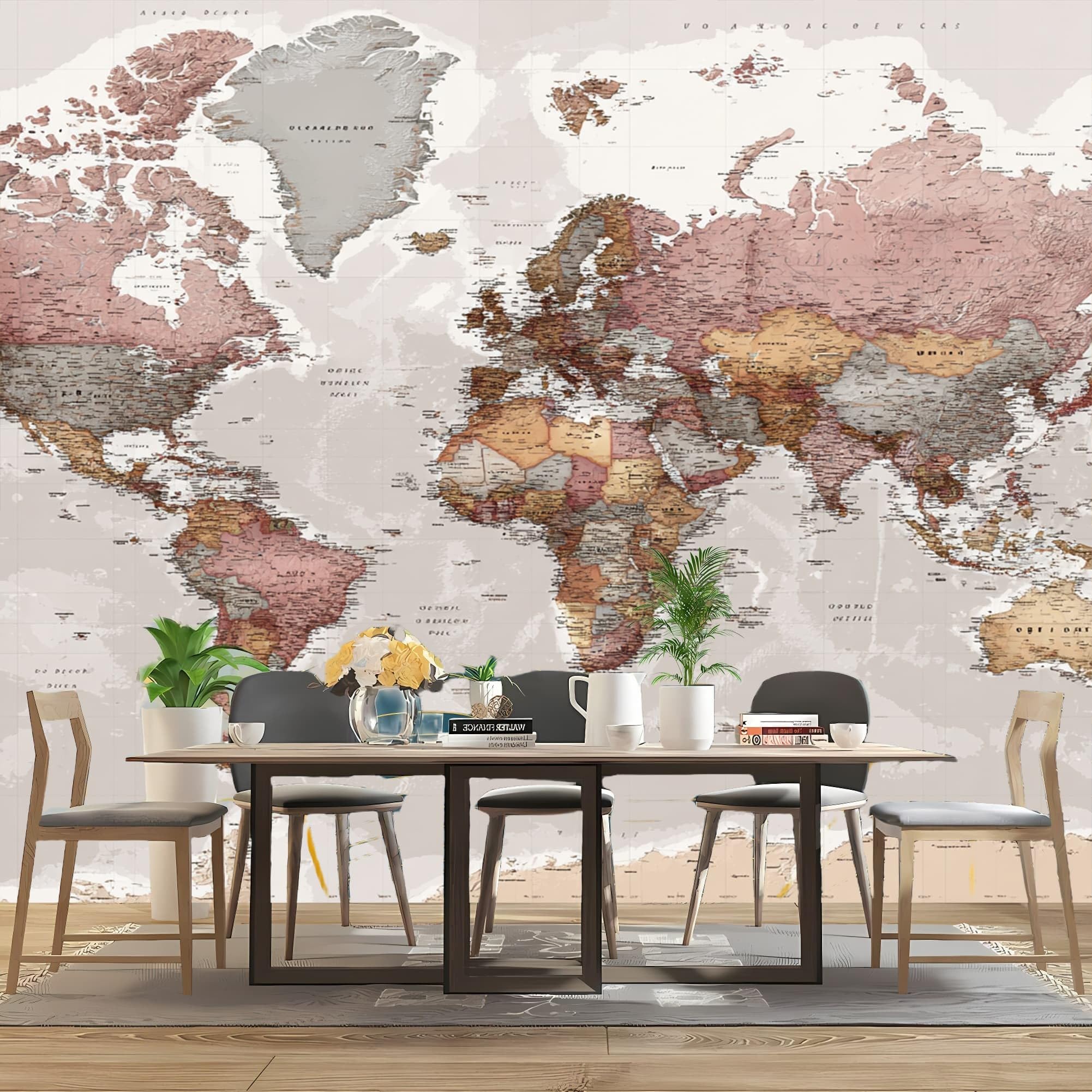 Genérico Home Decor fototapeta 350x256cm mapa świata retro panoramiczna tapeta wymienna do odklejenia i przyklejenia szara do salonu sypialni, jadalni HD tapeta